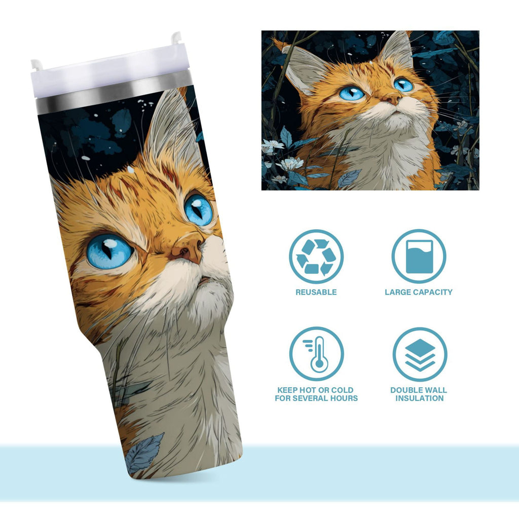30 oz Insulated Stainless Steel Tumbler Double Wall Stainless Steel Tumbler with 2-Way Drinking Orange Cat with Blue Eyes