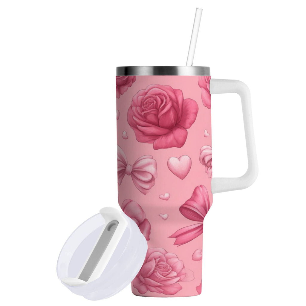 40 oz Insulated Stainless Steel Tumbler Double Wall Stainless Steel Tumbler with 2-Way Drinking Roses and Bows Pattern