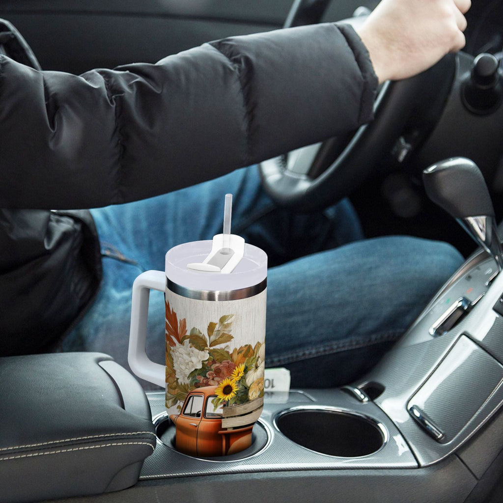 40 oz Insulated Stainless Steel Tumbler Double Wall Stainless Steel Tumbler with 2-Way Drinking Truck Full Of Pumpkins
