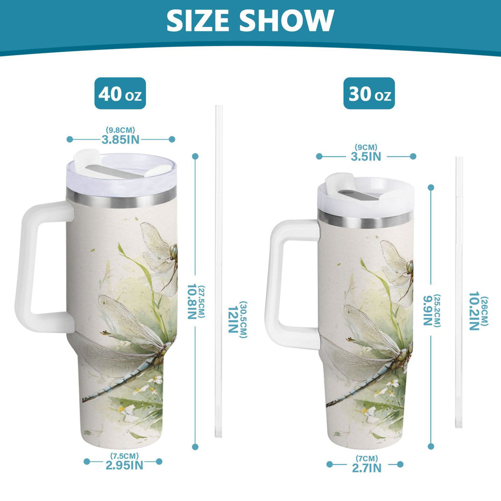 30 oz Insulated Stainless Steel Tumbler Double Wall Stainless Steel Tumbler with 2-Way Drinking Dragonflies with White Daisies