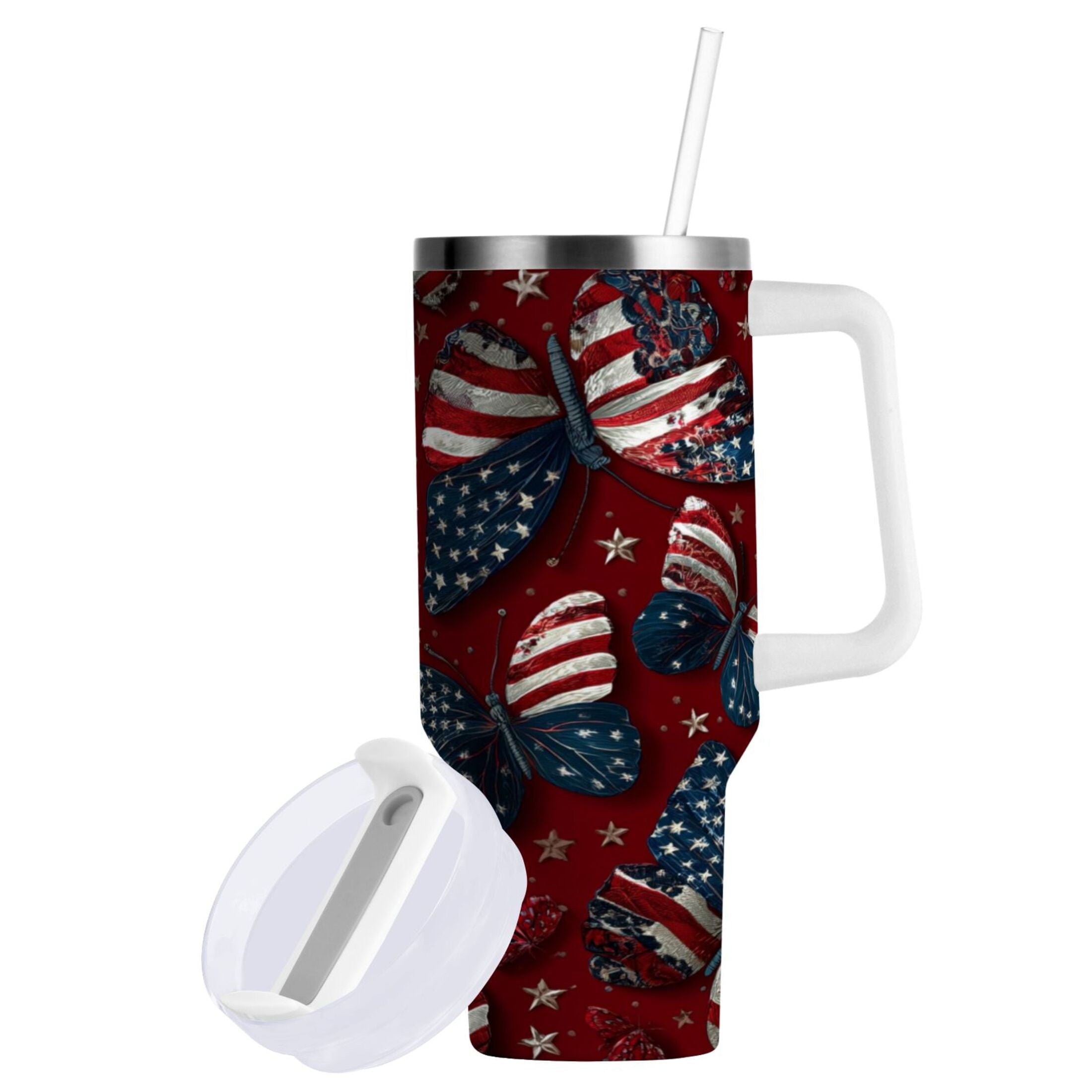 40 oz Insulated Stainless Steel Tumbler Double Wall Stainless Steel Tumbler with 2-Way Drinking Butterfly with National Flag