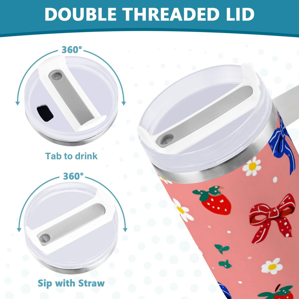 40 oz Insulated Stainless Steel Tumbler Double Wall Stainless Steel Tumbler with 2-Way Drinking Bows and Strawberries Pattern