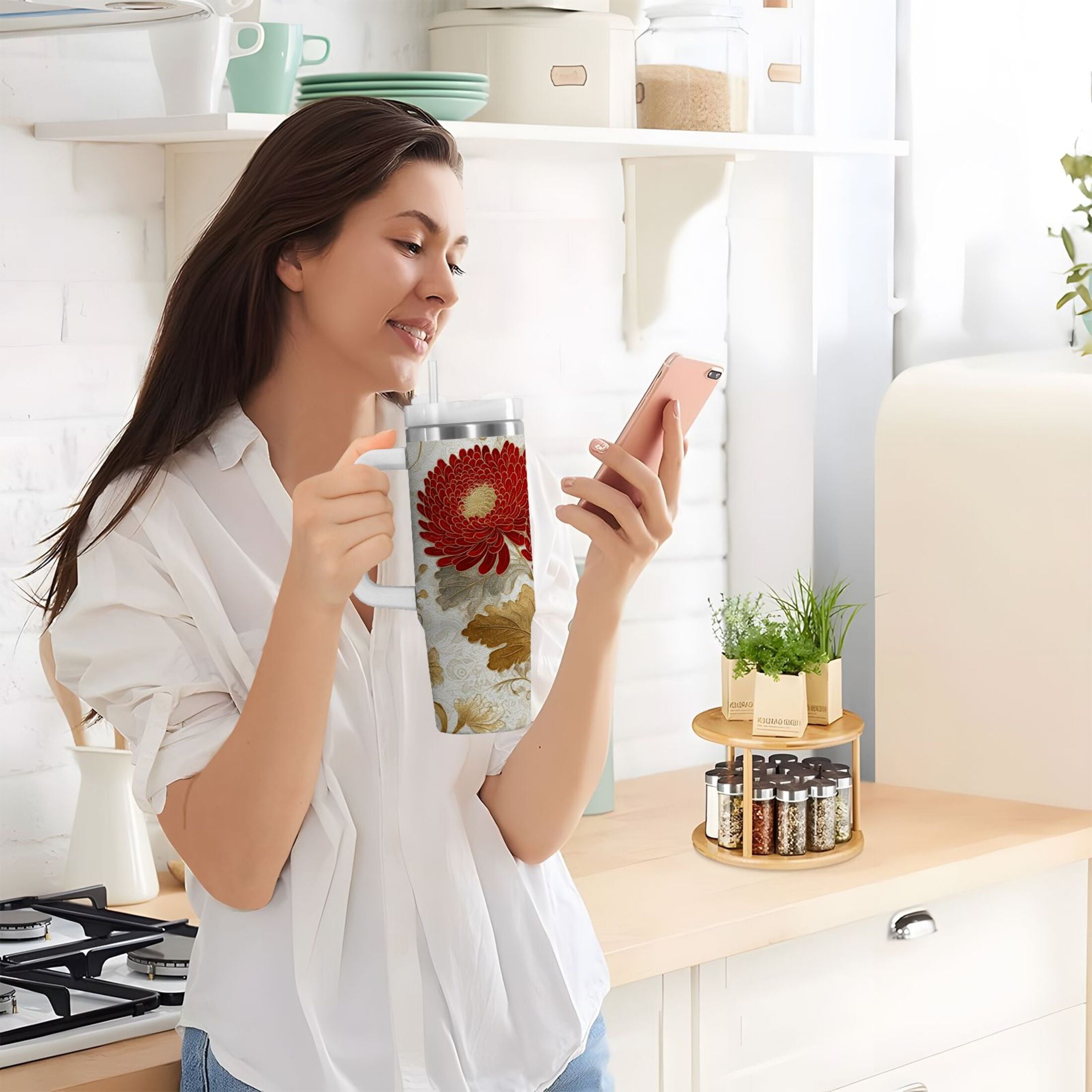 30 oz Insulated Stainless Steel Tumbler Double Wall Stainless Steel Tumbler with 2-Way Drinking Red Chrysanthemum Pattern