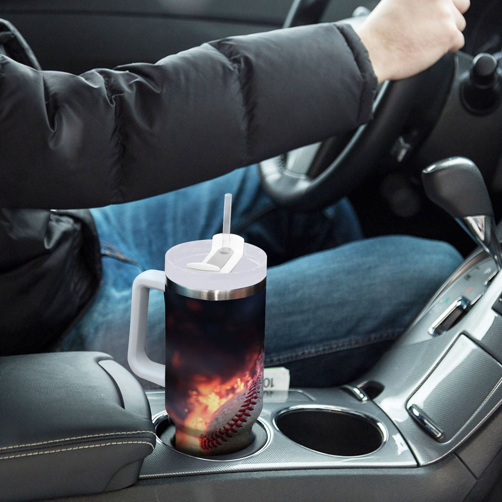 40 oz Insulated Stainless Steel Tumbler Double Wall Stainless Steel Tumbler with 2-Way Drinking Baseball with Water and Fire