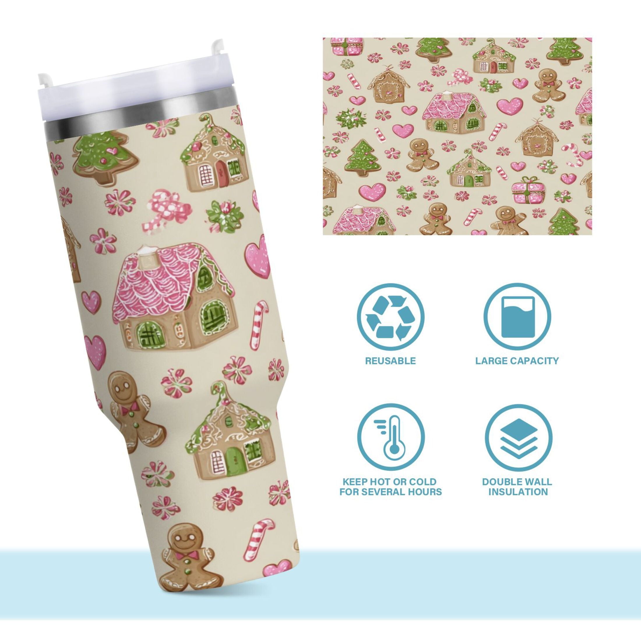 40 oz Insulated Stainless Steel Tumbler Double Wall Stainless Steel Tumbler with 2-Way Drinking Pink Cute Christmas Pattern