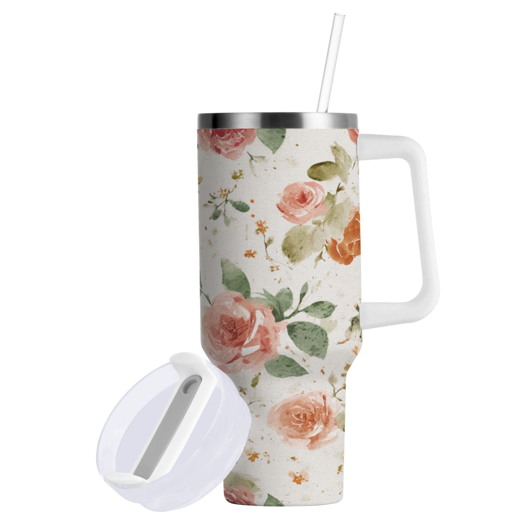 40 oz Insulated Stainless Steel Tumbler Double Wall Stainless Steel Tumbler with 2-Way Drinking Watercolor Rose Floral Pattern