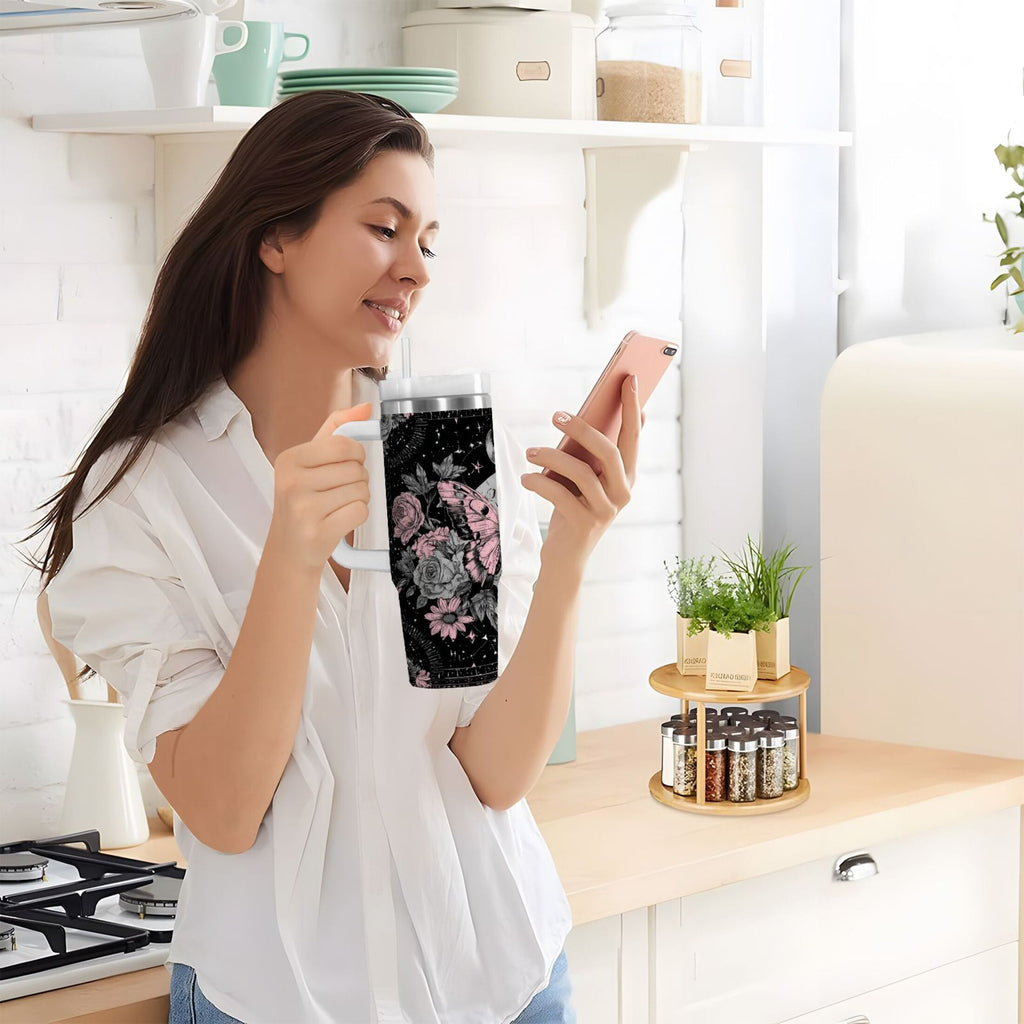 30 oz Insulated Stainless Steel Tumbler Double Wall Stainless Steel Tumbler with 2-Way Drinking Butterfly by Moon and Flowers