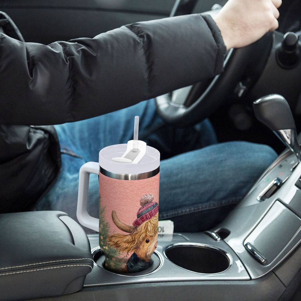 30 oz Insulated Stainless Steel Tumbler Double Wall Stainless Steel Tumbler with 2-Way Drinking Cow Wearing Scarf and Hat
