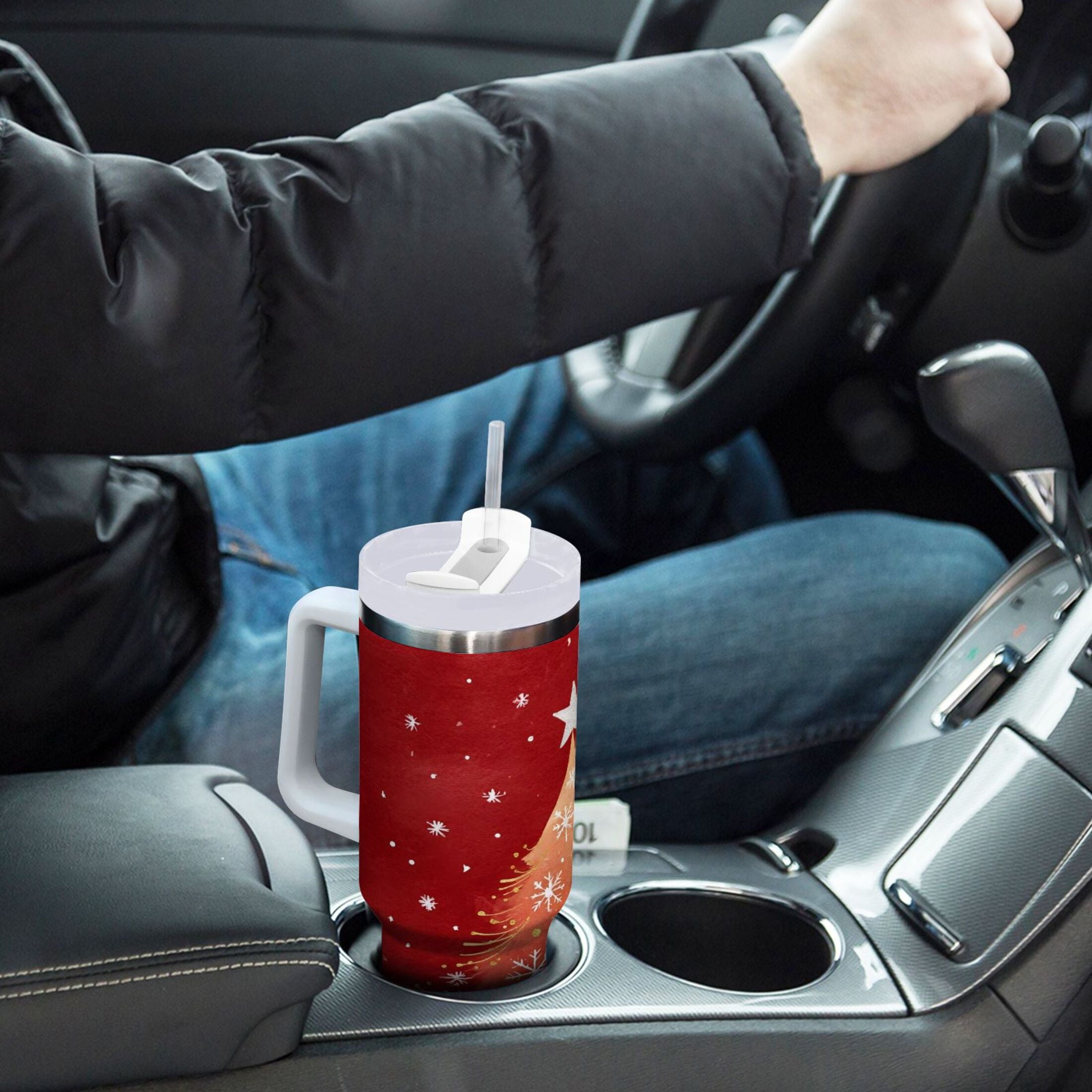 40 oz Insulated Stainless Steel Tumbler Double Wall Stainless Steel Tumbler with 2-Way Drinking Red Christmas Tree