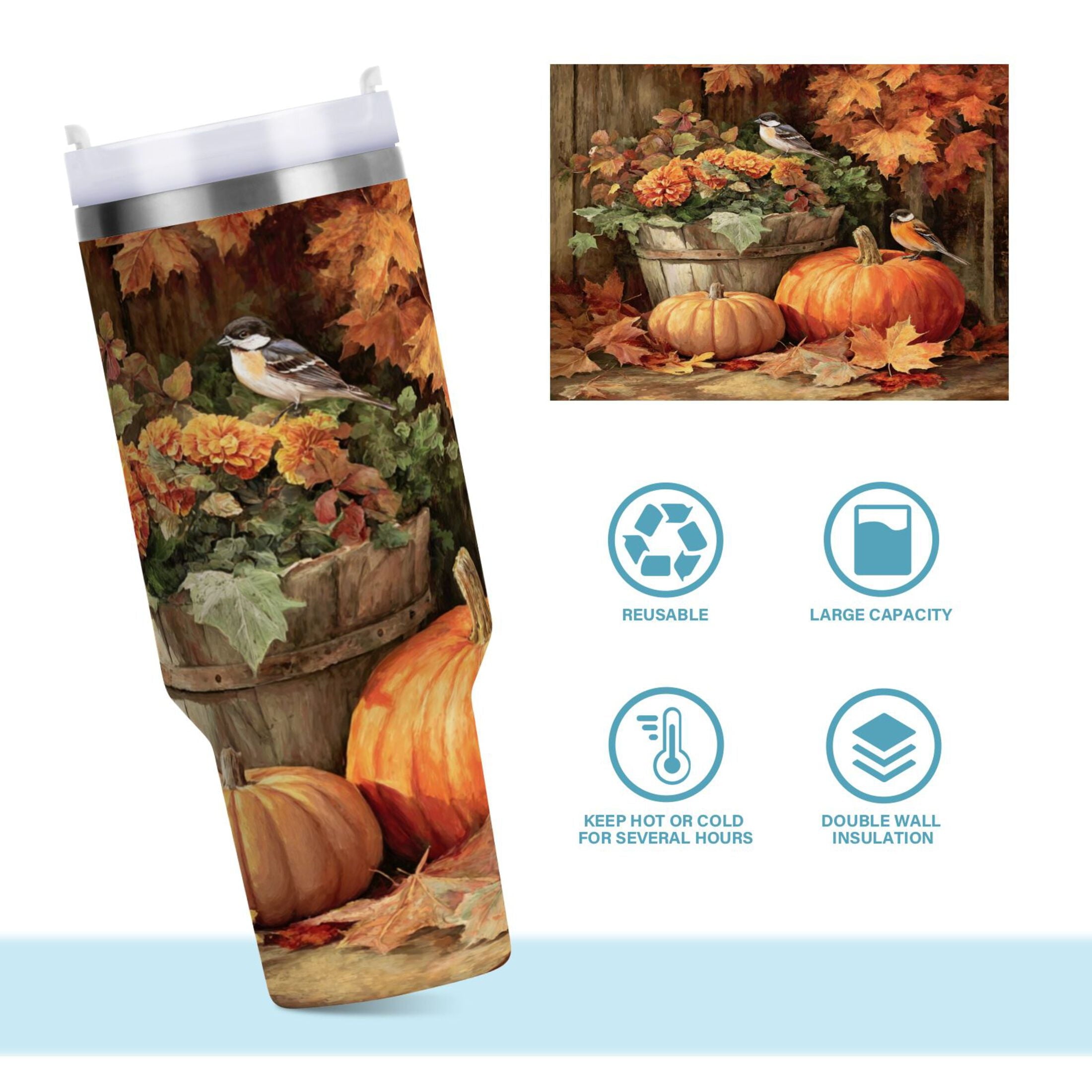 30 oz Insulated Stainless Steel Tumbler Double Wall Stainless Steel Tumbler with 2-Way Drinking Beautiful Fall Scene
