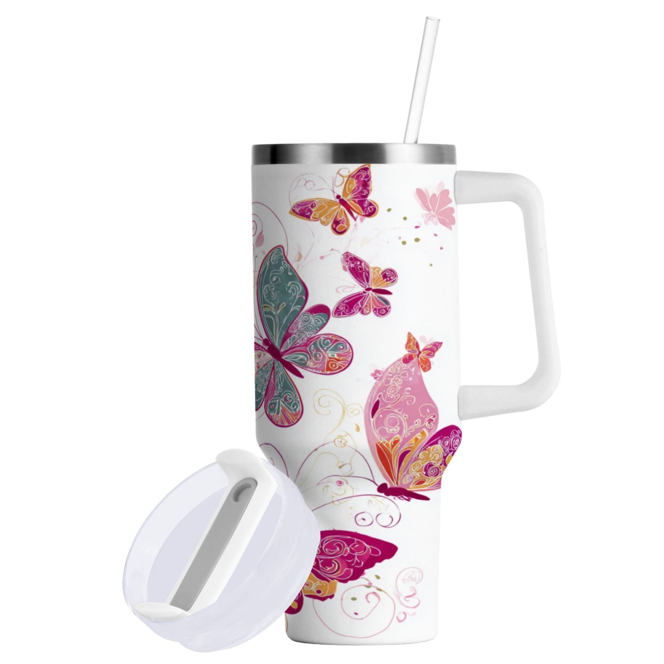 30 oz Insulated Stainless Steel Tumbler Double Wall Stainless Steel Tumbler with 2-Way Drinking Colorful Butterflies