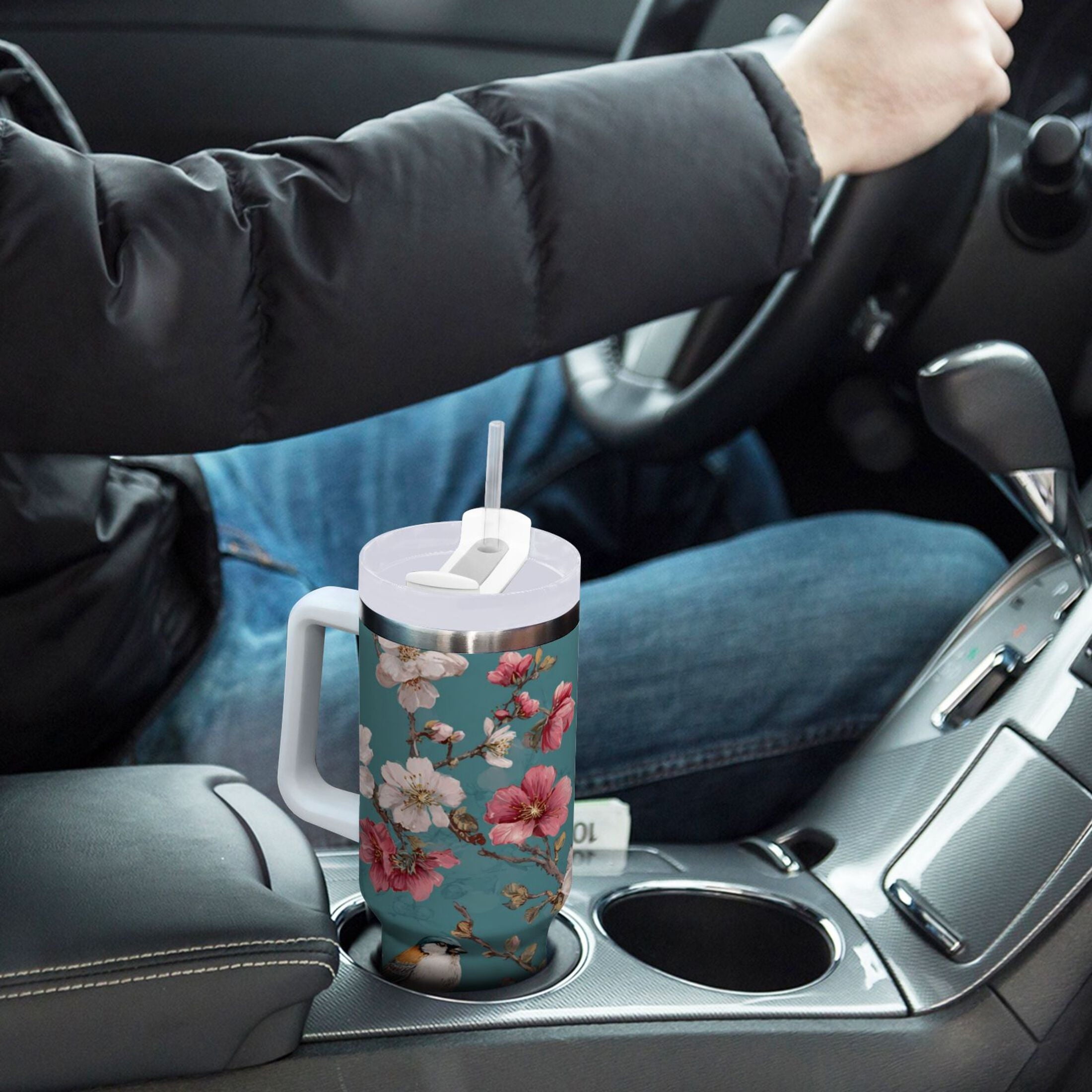 30 oz Insulated Stainless Steel Tumbler Double Wall Stainless Steel Tumbler with 2-Way Drinking Birds and Cherry Pattern