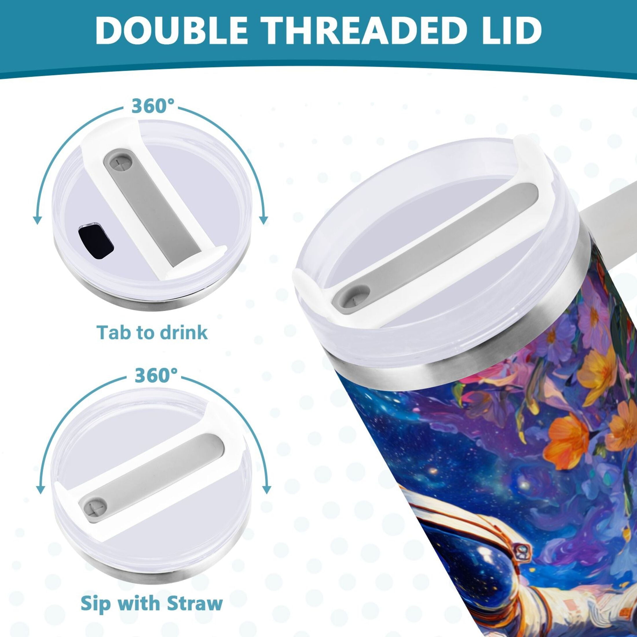 40 oz Insulated Stainless Steel Tumbler Double Wall Stainless Steel Tumbler with 2-Way Drinking Astronaut and Colorful Flowers