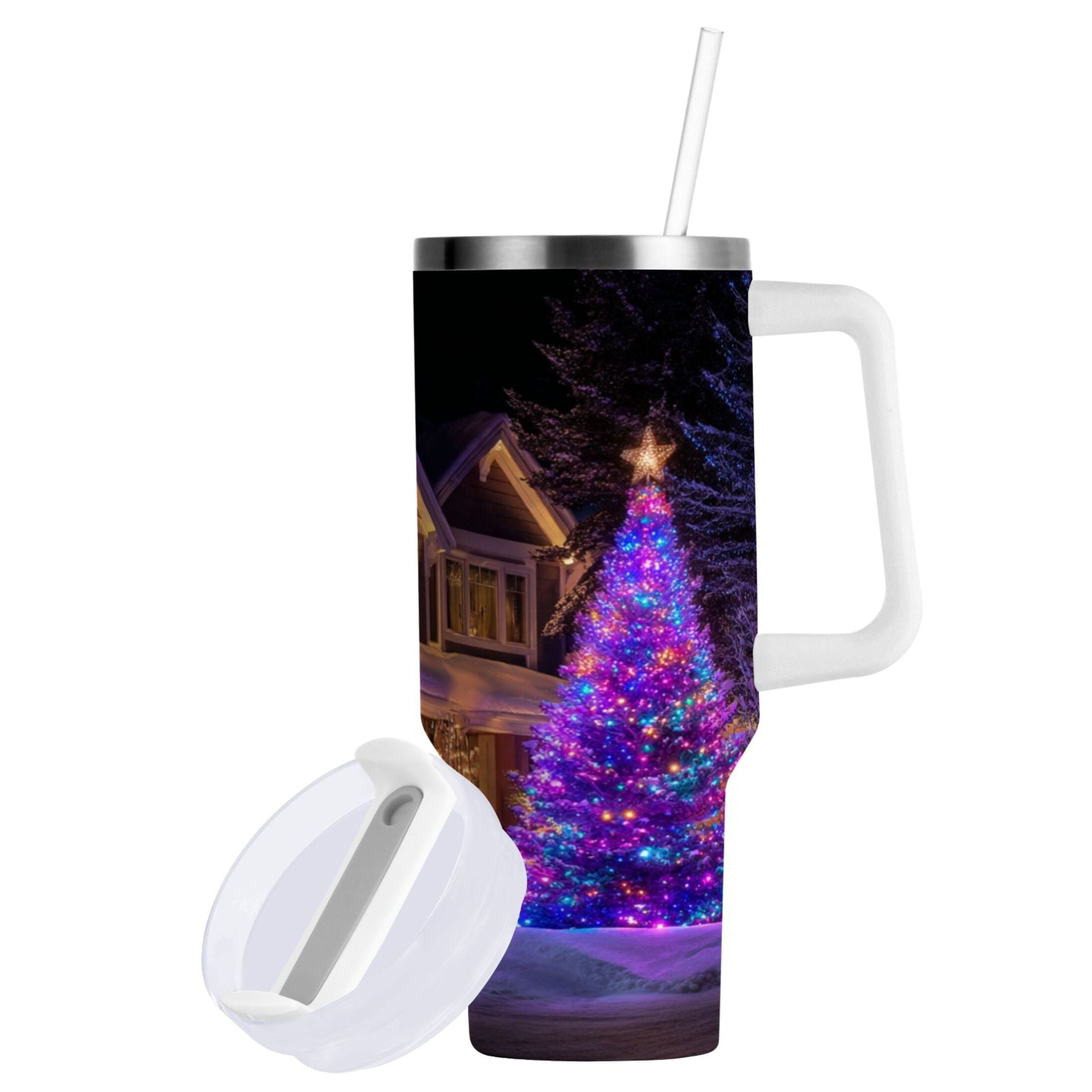 40 oz Insulated Stainless Steel Tumbler Double Wall Stainless Steel Tumbler with 2-Way Drinking Christmas Trees with Lights