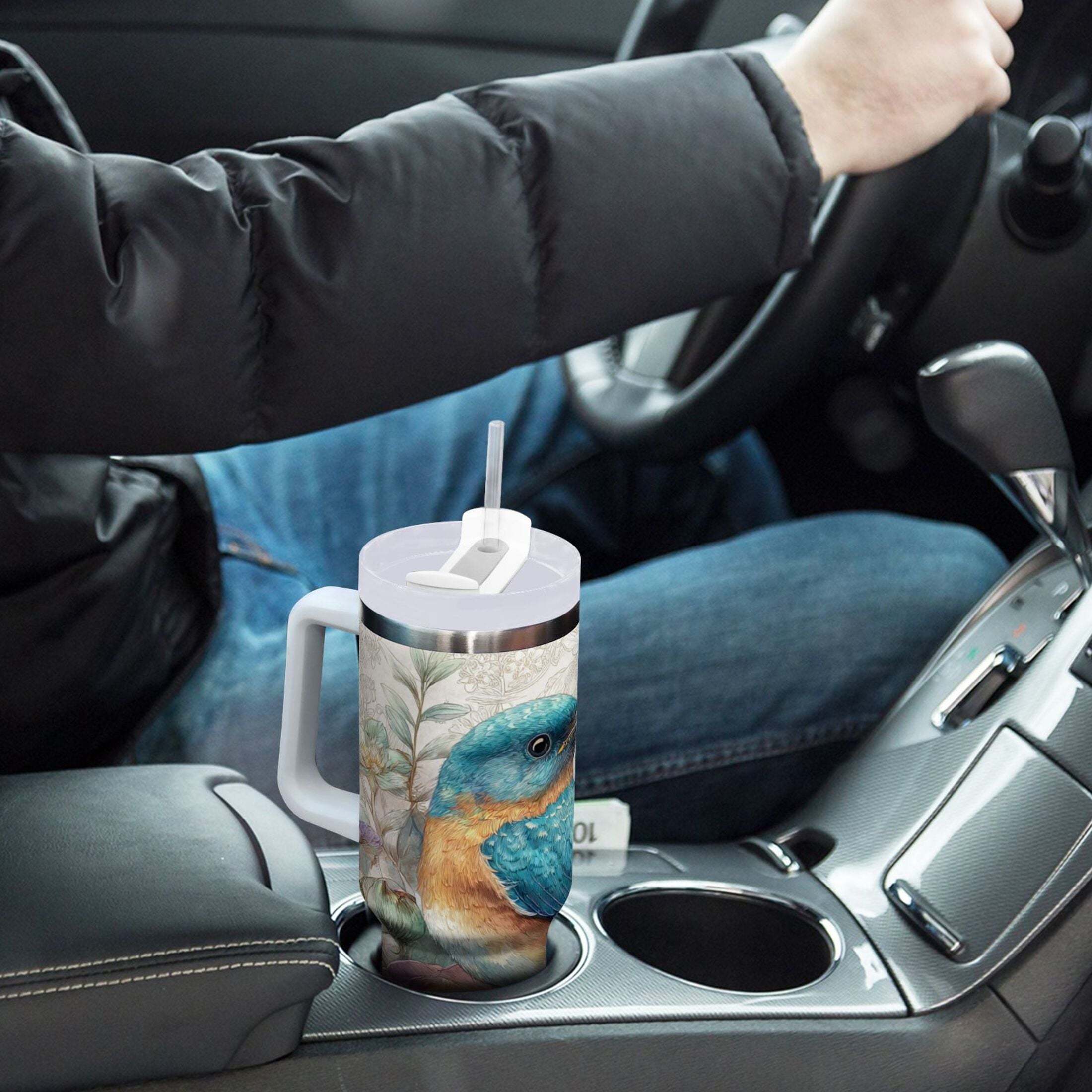 30 oz Insulated Stainless Steel Tumbler Double Wall Stainless Steel Tumbler with 2-Way Drinking Bluebird and Flower
