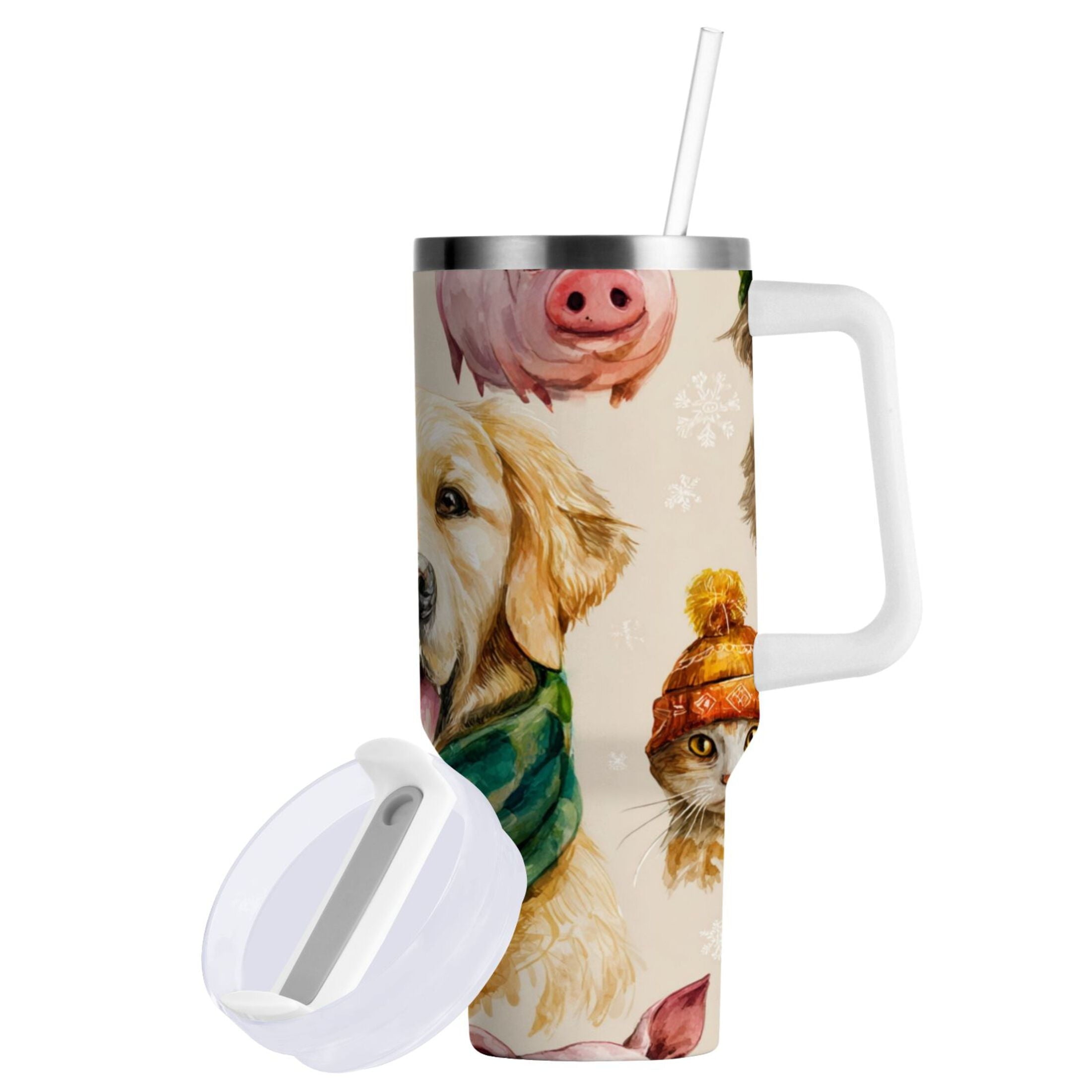 30 oz Insulated Stainless Steel Tumbler Double Wall Stainless Steel Tumbler with 2-Way Drinking Watercolor Animals Pattern