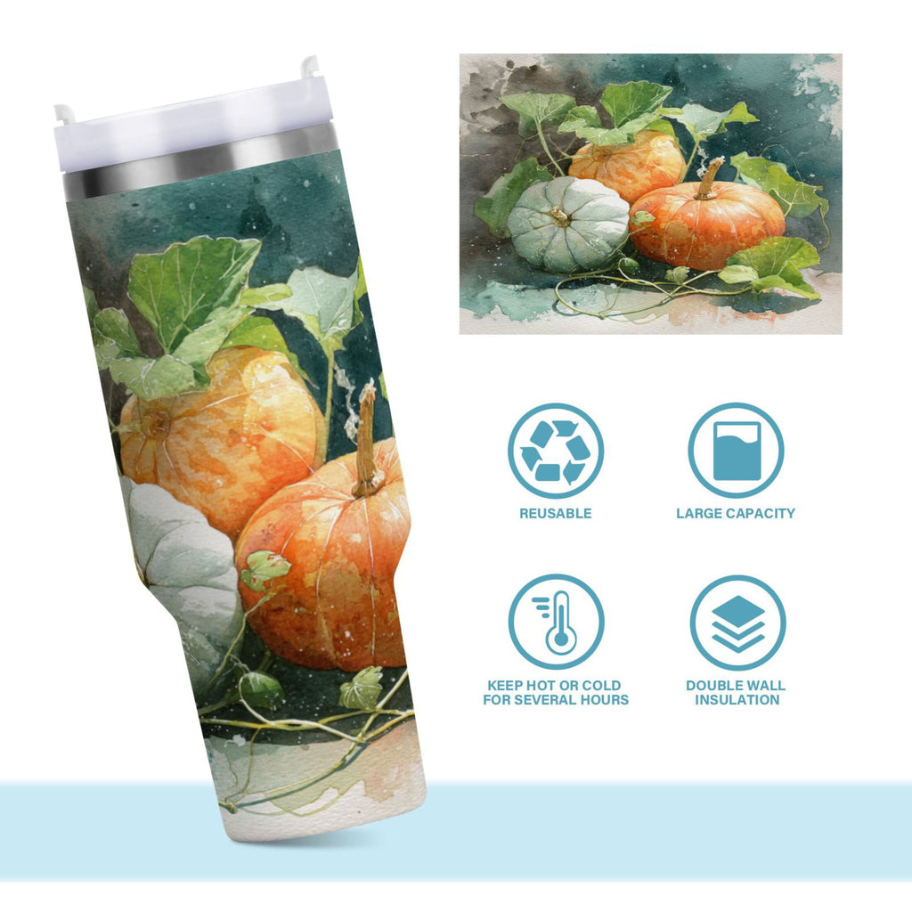 40 oz Insulated Stainless Steel Tumbler Double Wall Stainless Steel Tumbler with 2-Way Drinking Orange and White Pumpkins