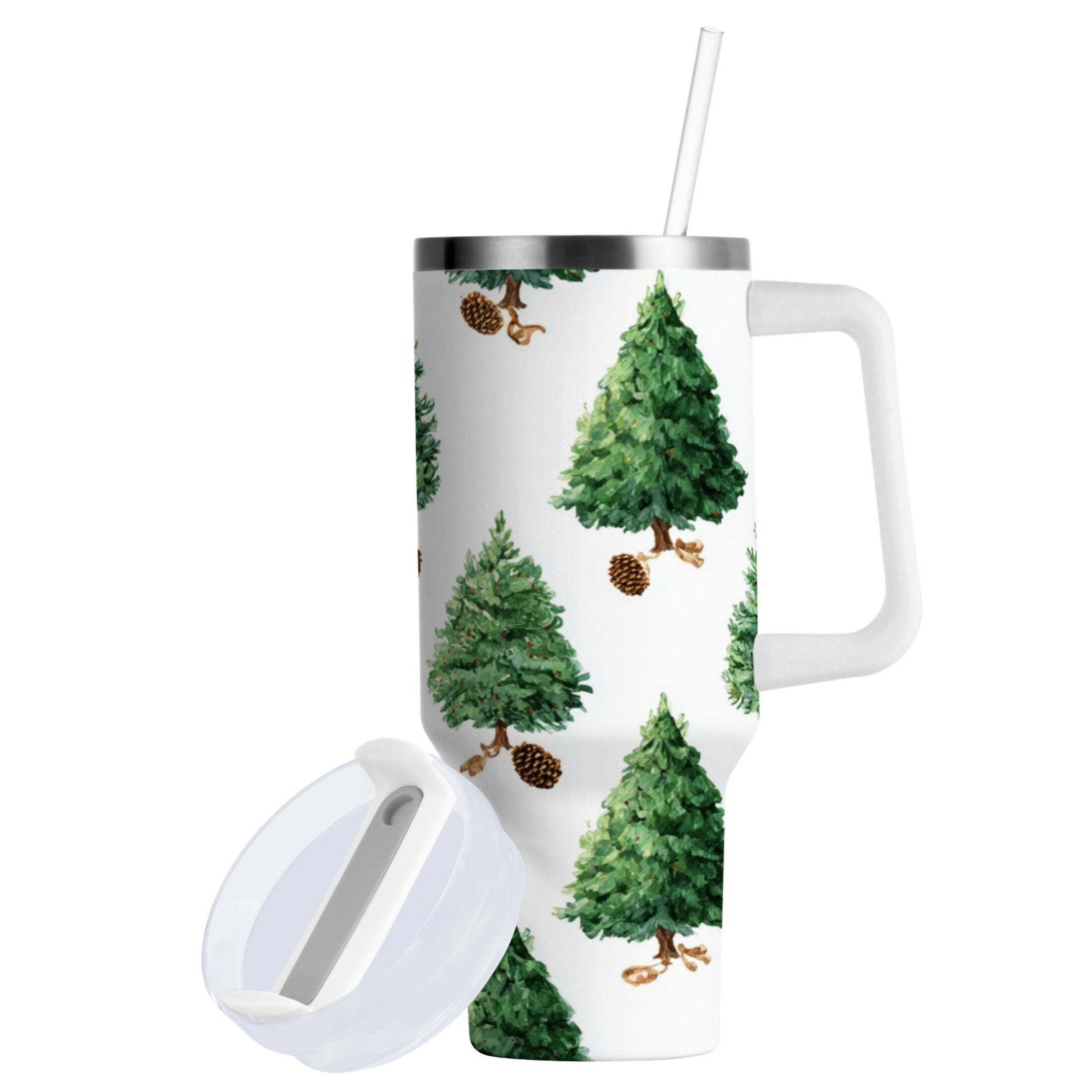 30 oz Insulated Stainless Steel Tumbler Double Wall Stainless Steel Tumbler with 2-Way Drinking Watercolor Green Christmas Tree
