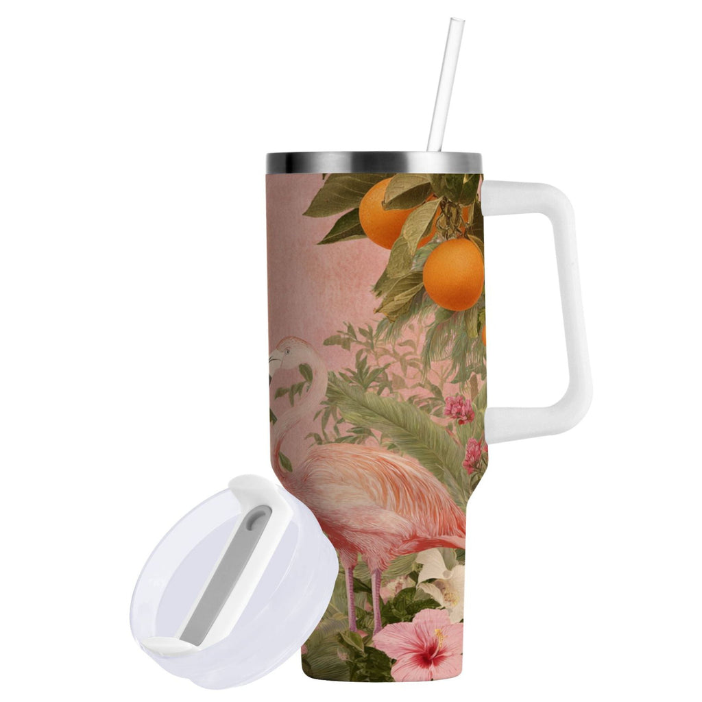 40 oz Insulated Stainless Steel Tumbler Double Wall Stainless Steel Tumbler with 2-Way Drinking Flamingos in Tropical Garden