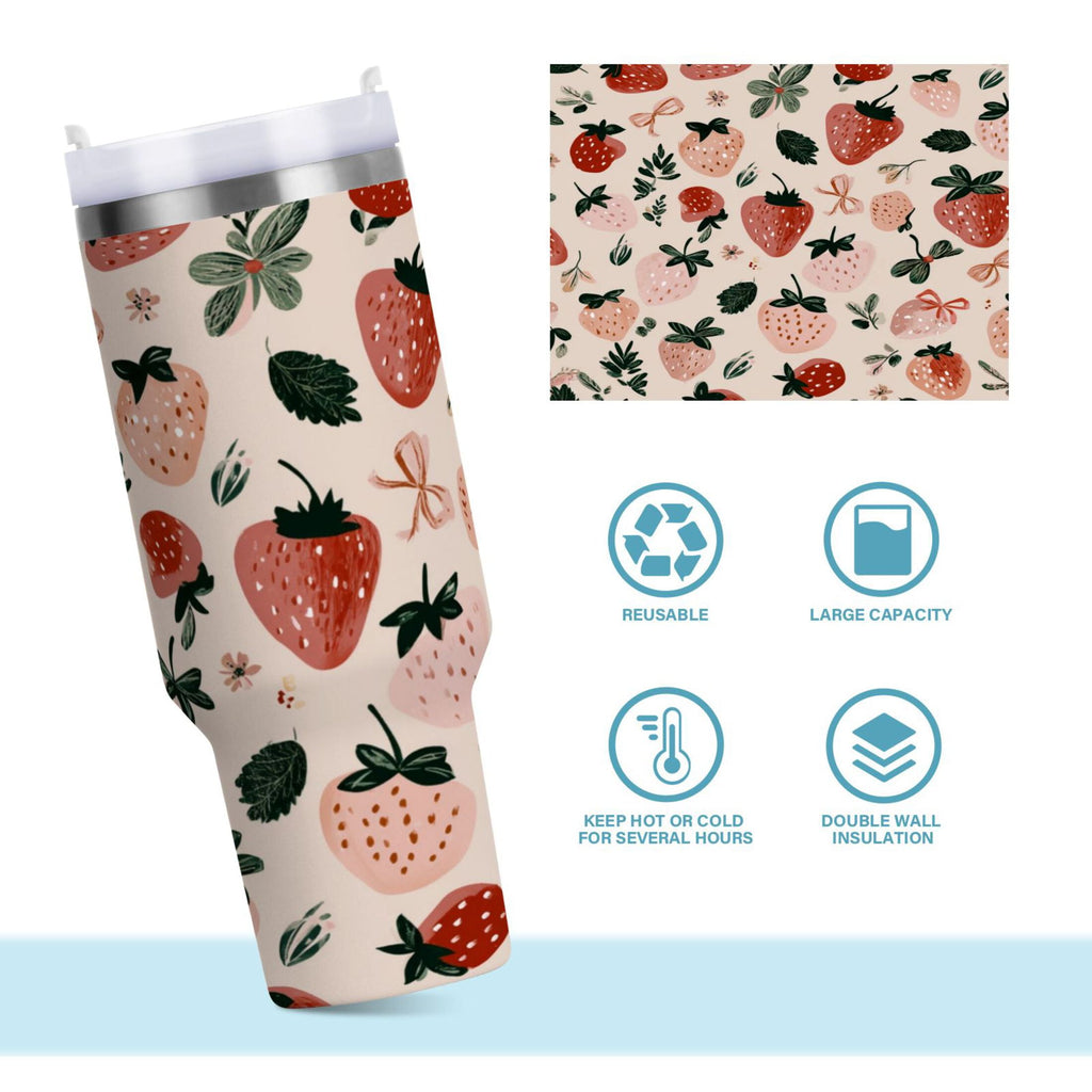 30 oz Insulated Stainless Steel Tumbler Double Wall Stainless Steel Tumbler with 2-Way Drinking Cute Pinks Strawberries
