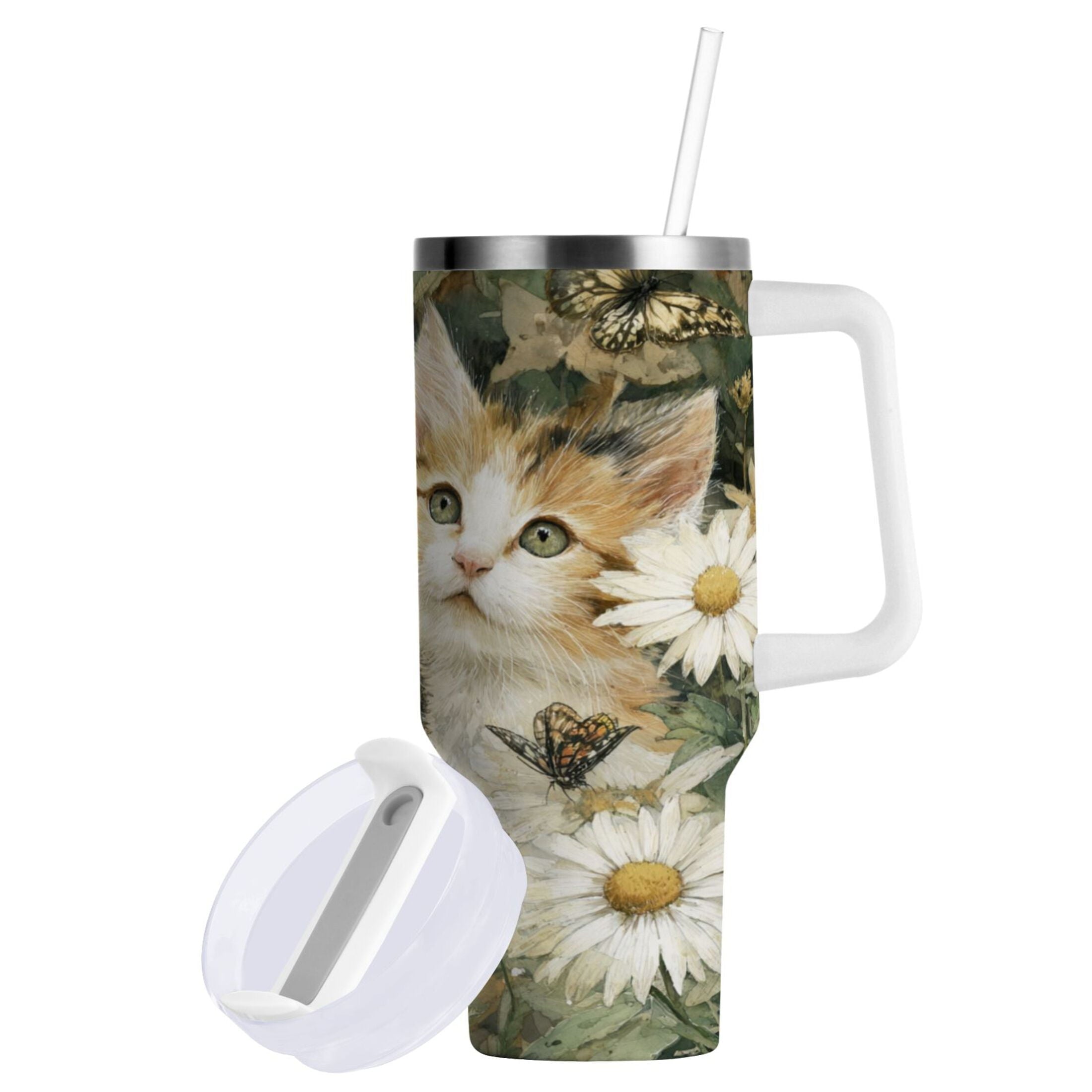 30 oz Insulated Stainless Steel Tumbler Double Wall Stainless Steel Tumbler with 2-Way Drinking Adorable Cats and Daisies
