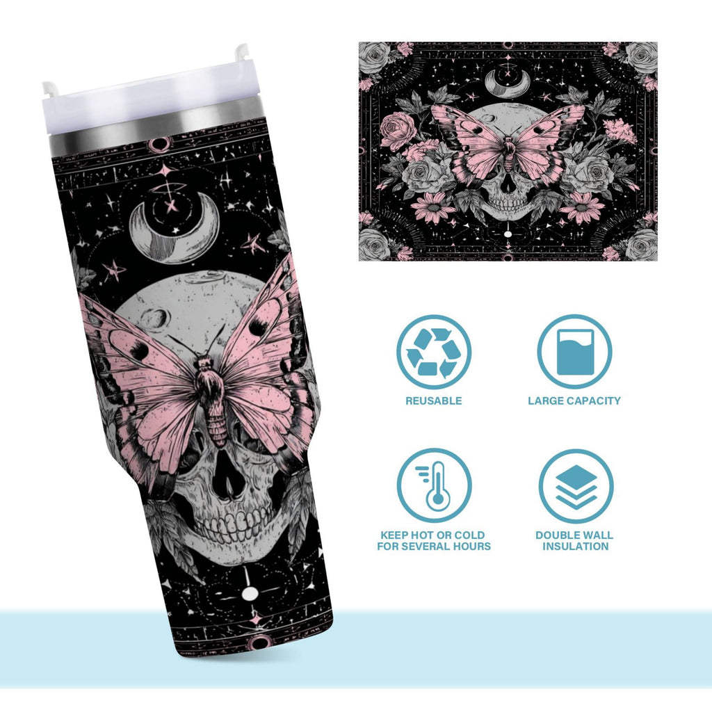 30 oz Insulated Stainless Steel Tumbler Double Wall Stainless Steel Tumbler with 2-Way Drinking Butterfly by Moon and Flowers