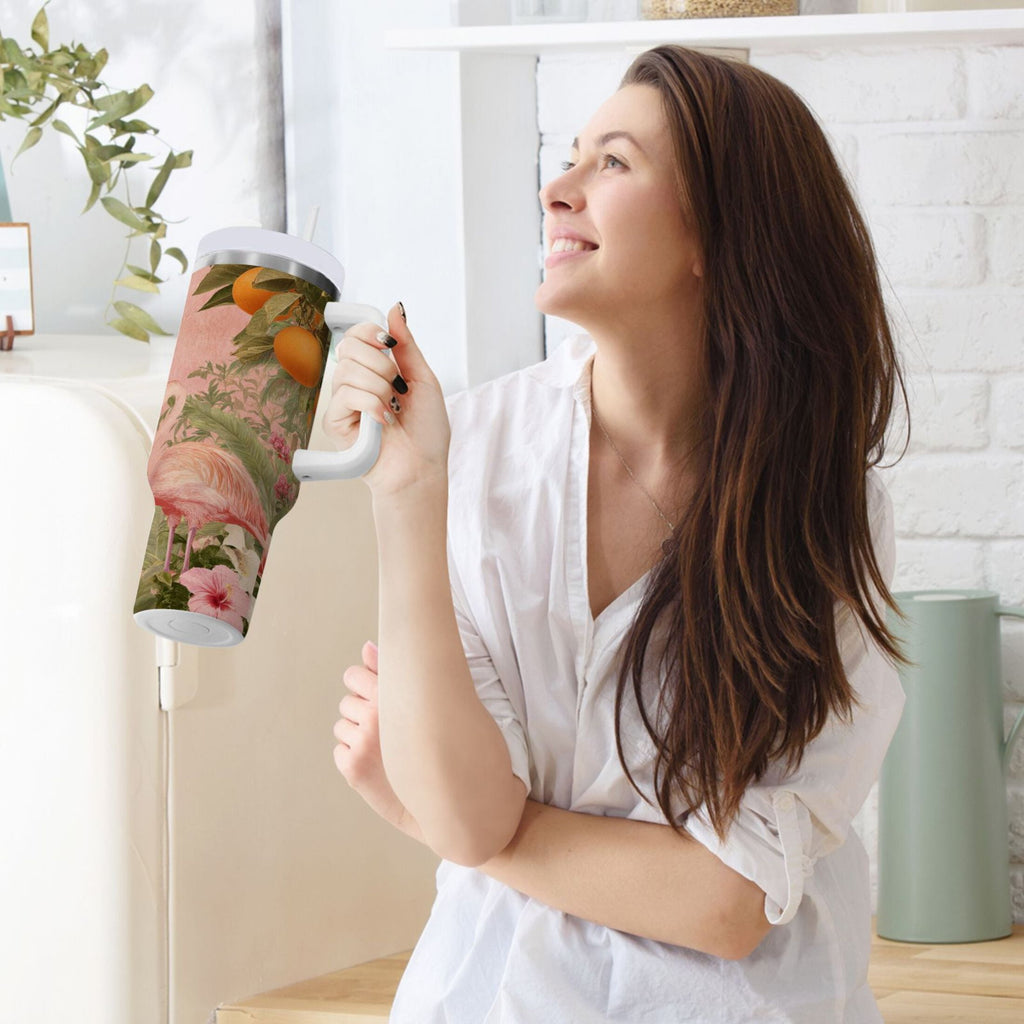 40 oz Insulated Stainless Steel Tumbler Double Wall Stainless Steel Tumbler with 2-Way Drinking Flamingos in Tropical Garden