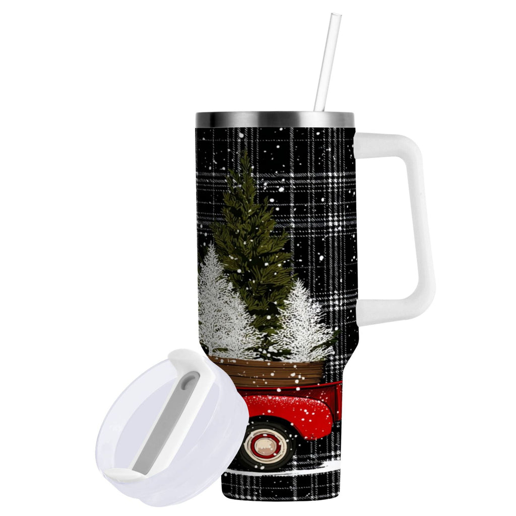 40 oz Insulated Stainless Steel Tumbler Double Wall Stainless Steel Tumbler with 2-Way Drinking Red Truck with Christmas Tree