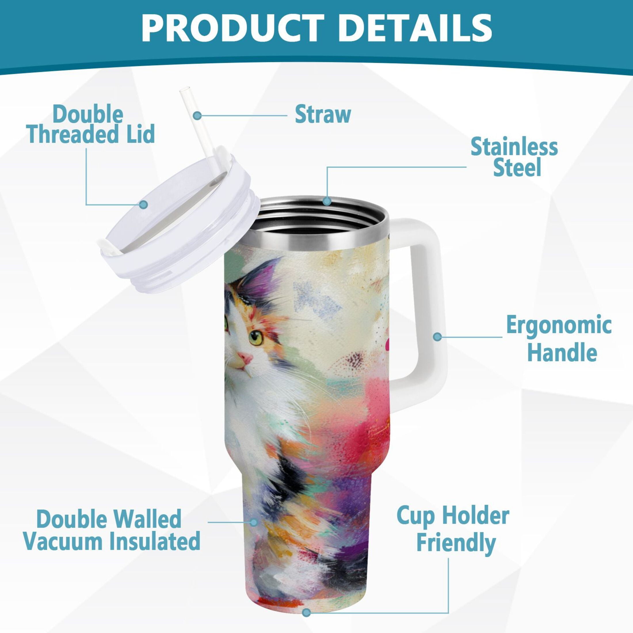 30 oz Insulated Stainless Steel Tumbler Double Wall Stainless Steel Tumbler with 2-Way Drinking Charming Hairy Cat