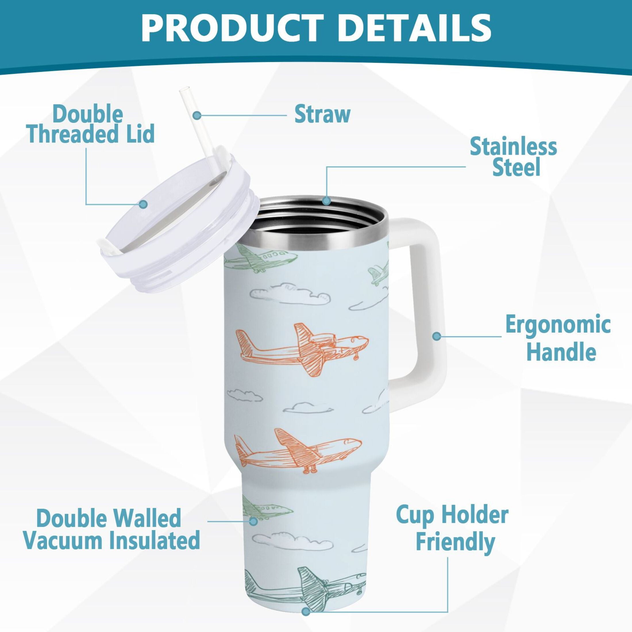 30 oz Insulated Stainless Steel Tumbler Double Wall Stainless Steel Tumbler with 2-Way Drinking Pastel Doodle Airplanes