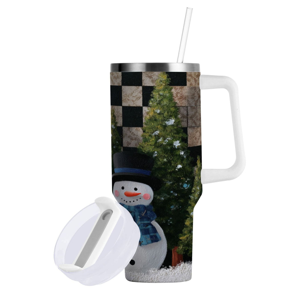 30 oz Insulated Stainless Steel Tumbler Double Wall Stainless Steel Tumbler with 2-Way Drinking Two Snowmen Pattern