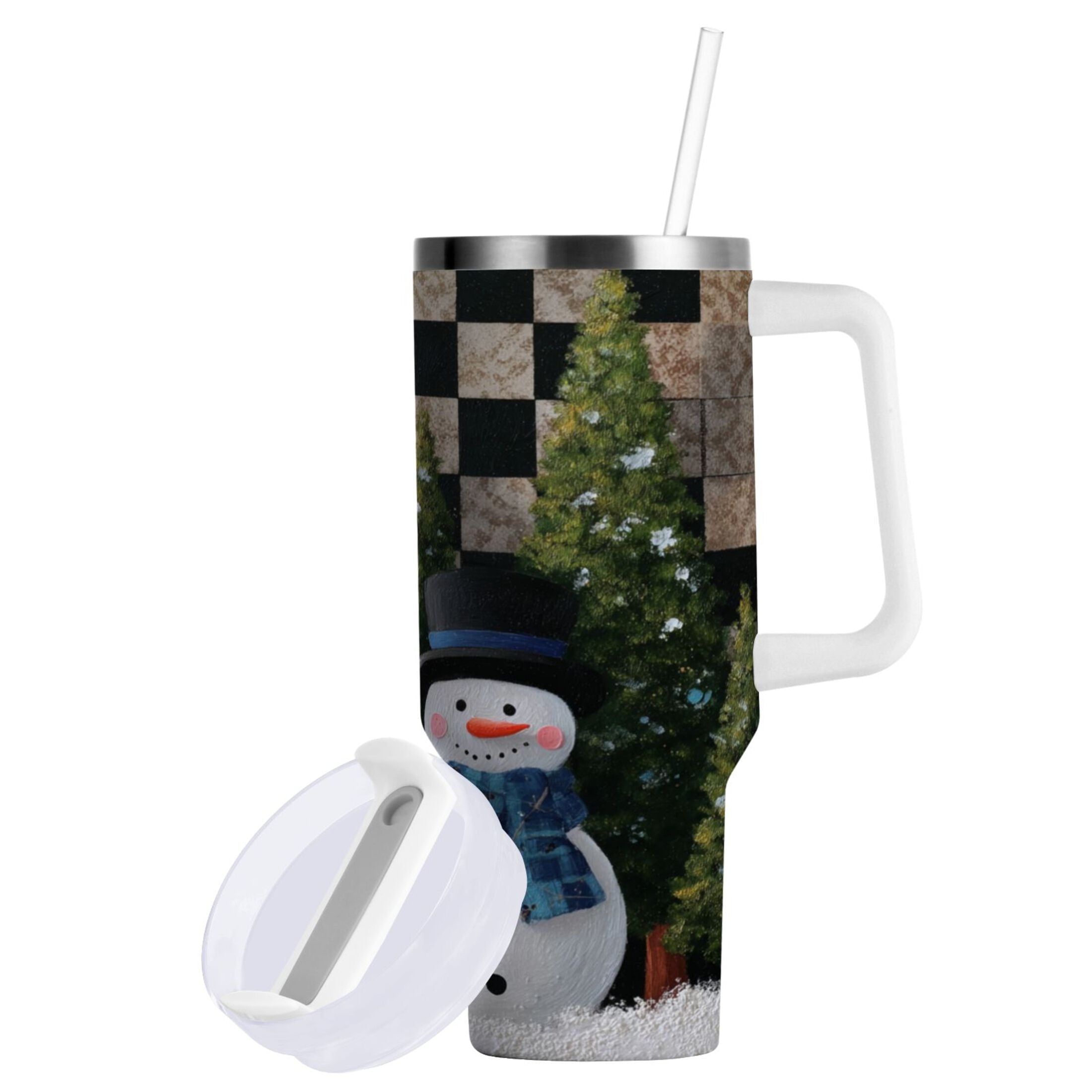 30 oz Insulated Stainless Steel Tumbler Double Wall Stainless Steel Tumbler with 2-Way Drinking Two Snowmen Pattern