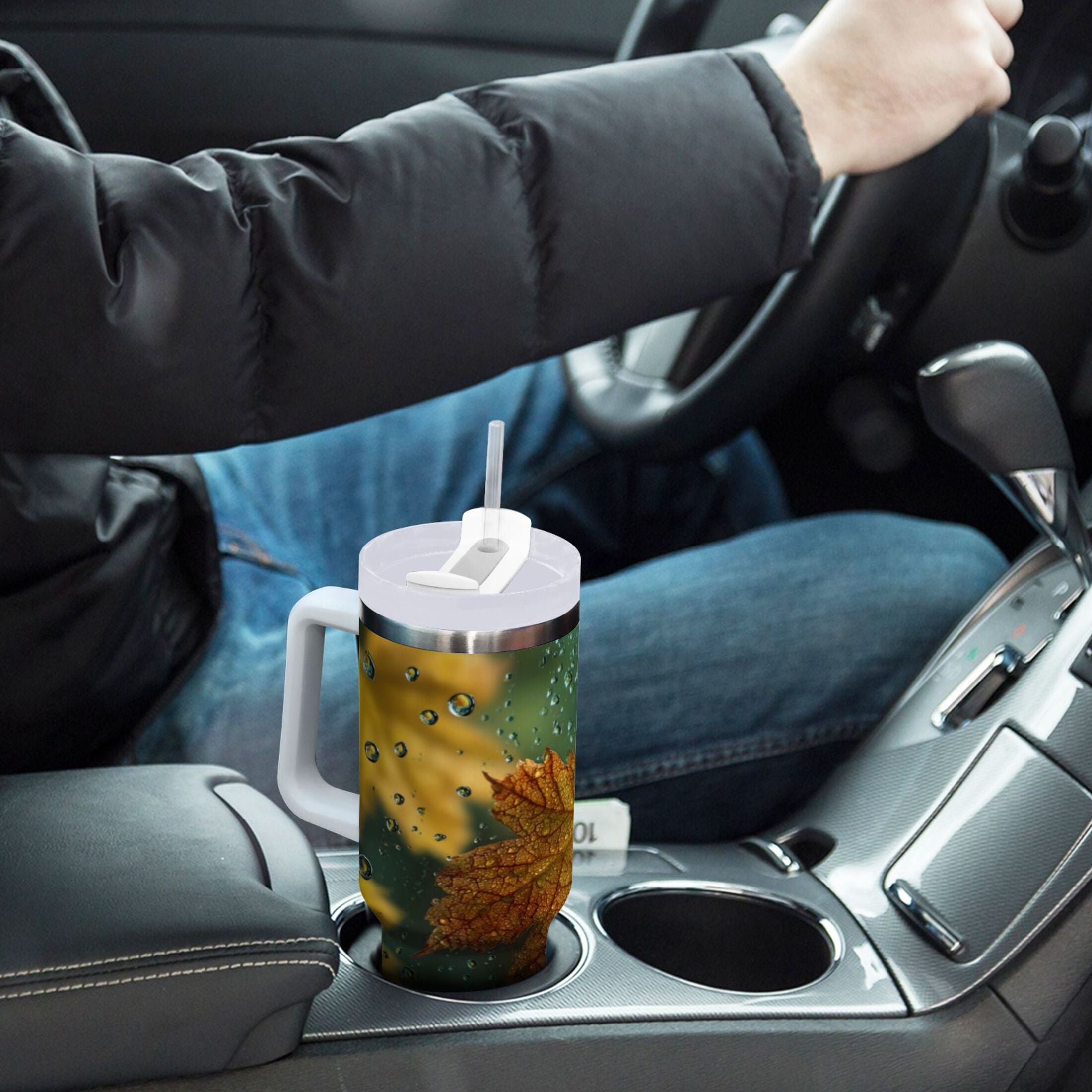 30 oz Insulated Stainless Steel Tumbler Double Wall Stainless Steel Tumbler with 2-Way Drinking Leaves with Water Droplets