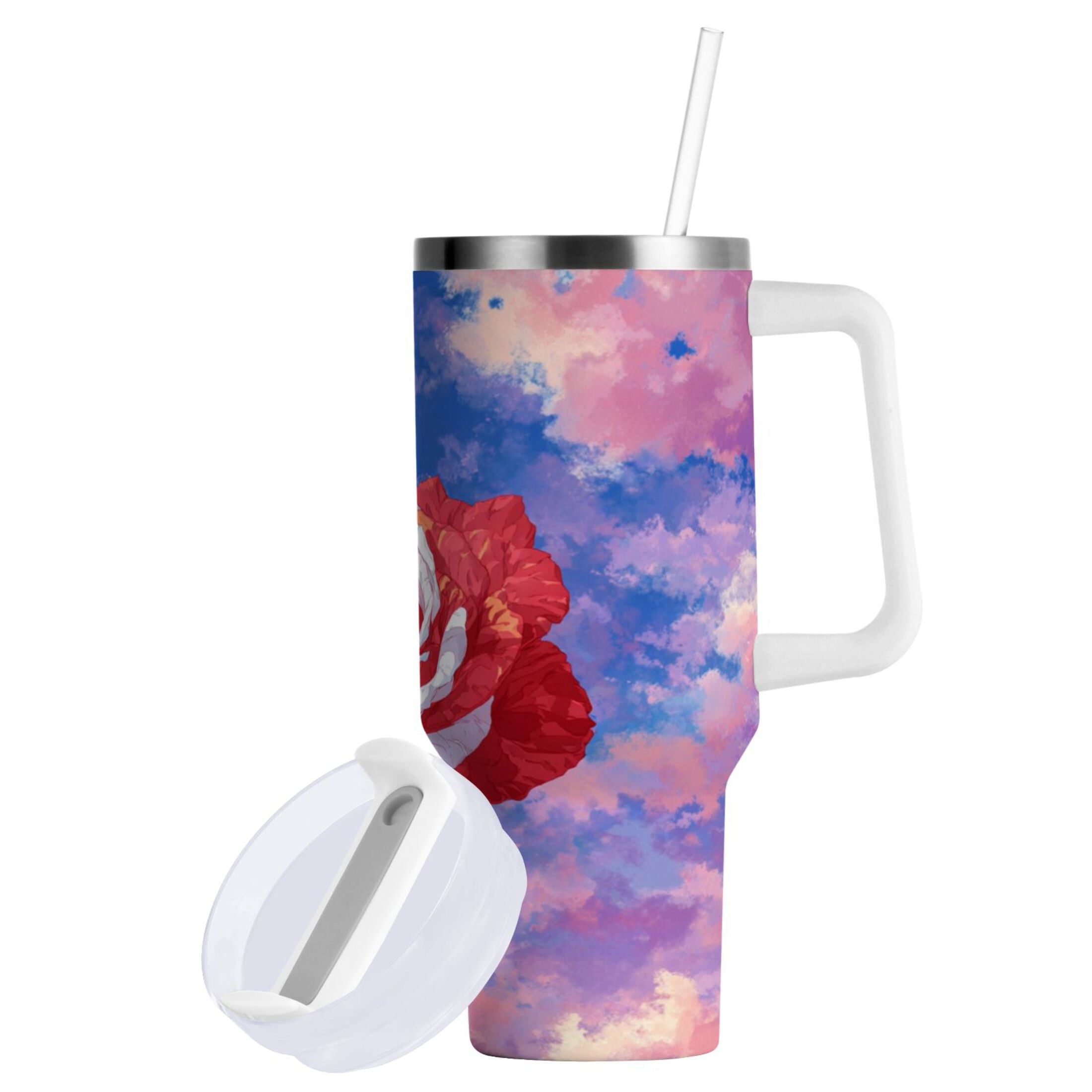 30 oz Insulated Stainless Steel Tumbler Double Wall Stainless Steel Tumbler with 2-Way Drinking Rose with Flag Pattern