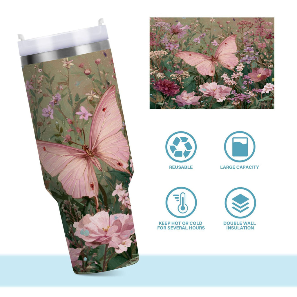 30 oz Insulated Stainless Steel Tumbler Double Wall Stainless Steel Tumbler with 2-Way Drinking Delicate Butterfly