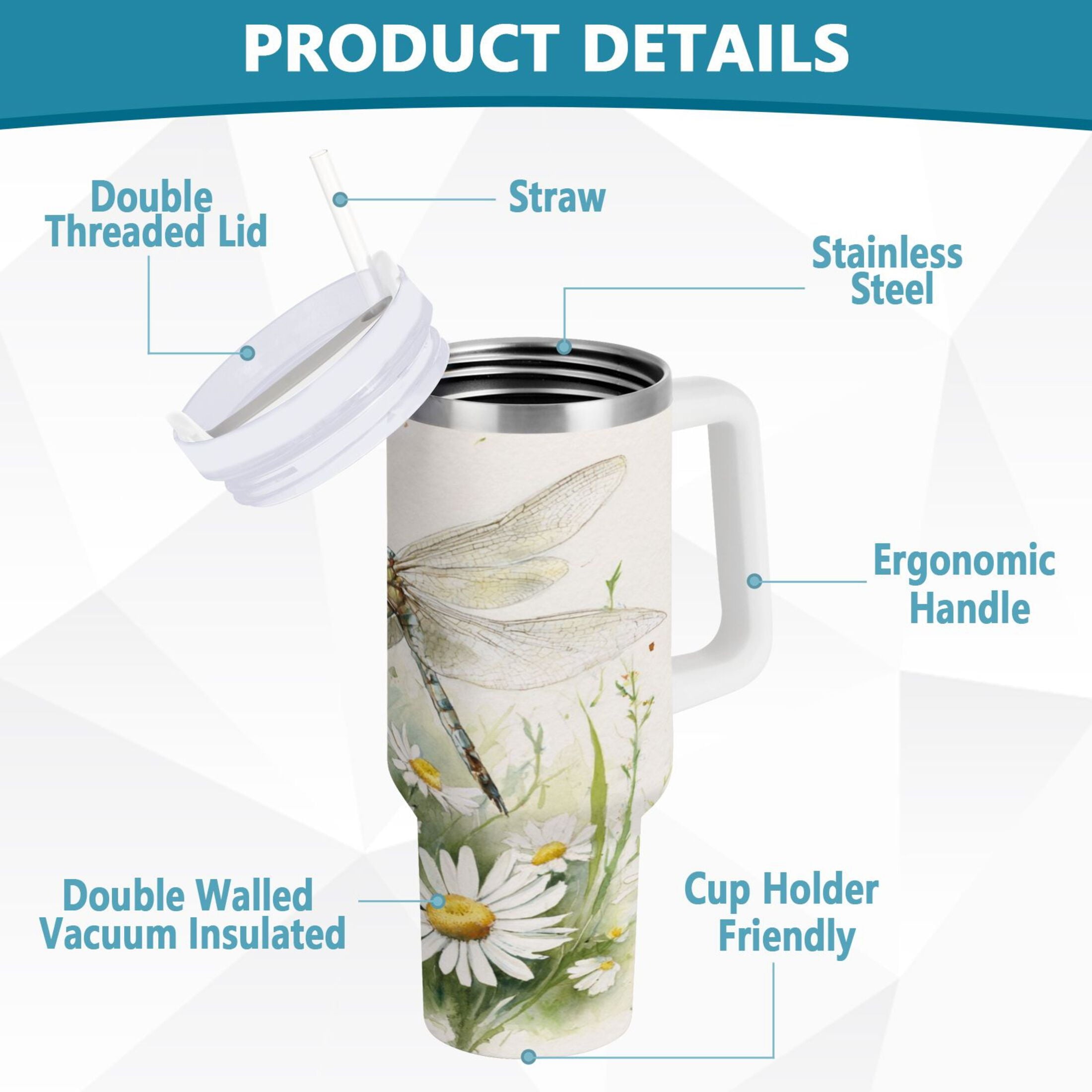 30 oz Insulated Stainless Steel Tumbler Double Wall Stainless Steel Tumbler with 2-Way Drinking Dragonflies with White Daisies