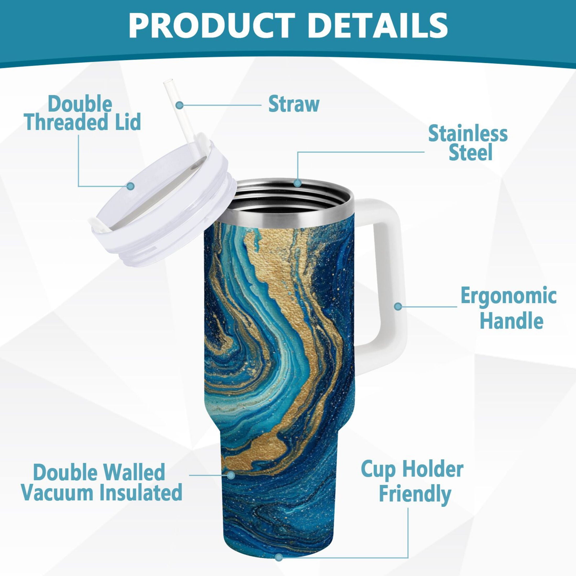 30 oz Insulated Stainless Steel Tumbler Double Wall Stainless Steel Tumbler with 2-Way Drinking Blue and Gold Ocean