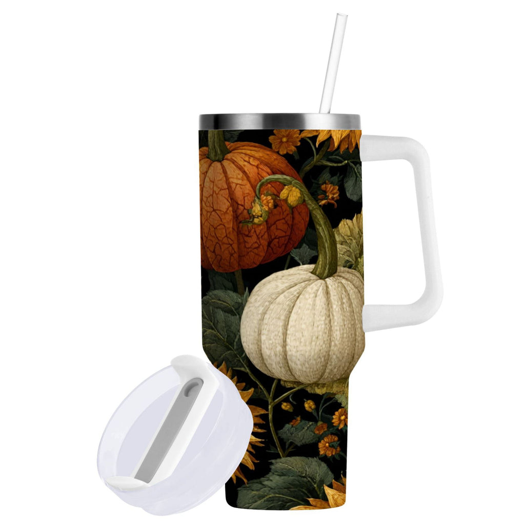 40 oz Insulated Stainless Steel Tumbler Double Wall Stainless Steel Tumbler with 2-Way Drinking Pumpkins and Sunflowers Pattern