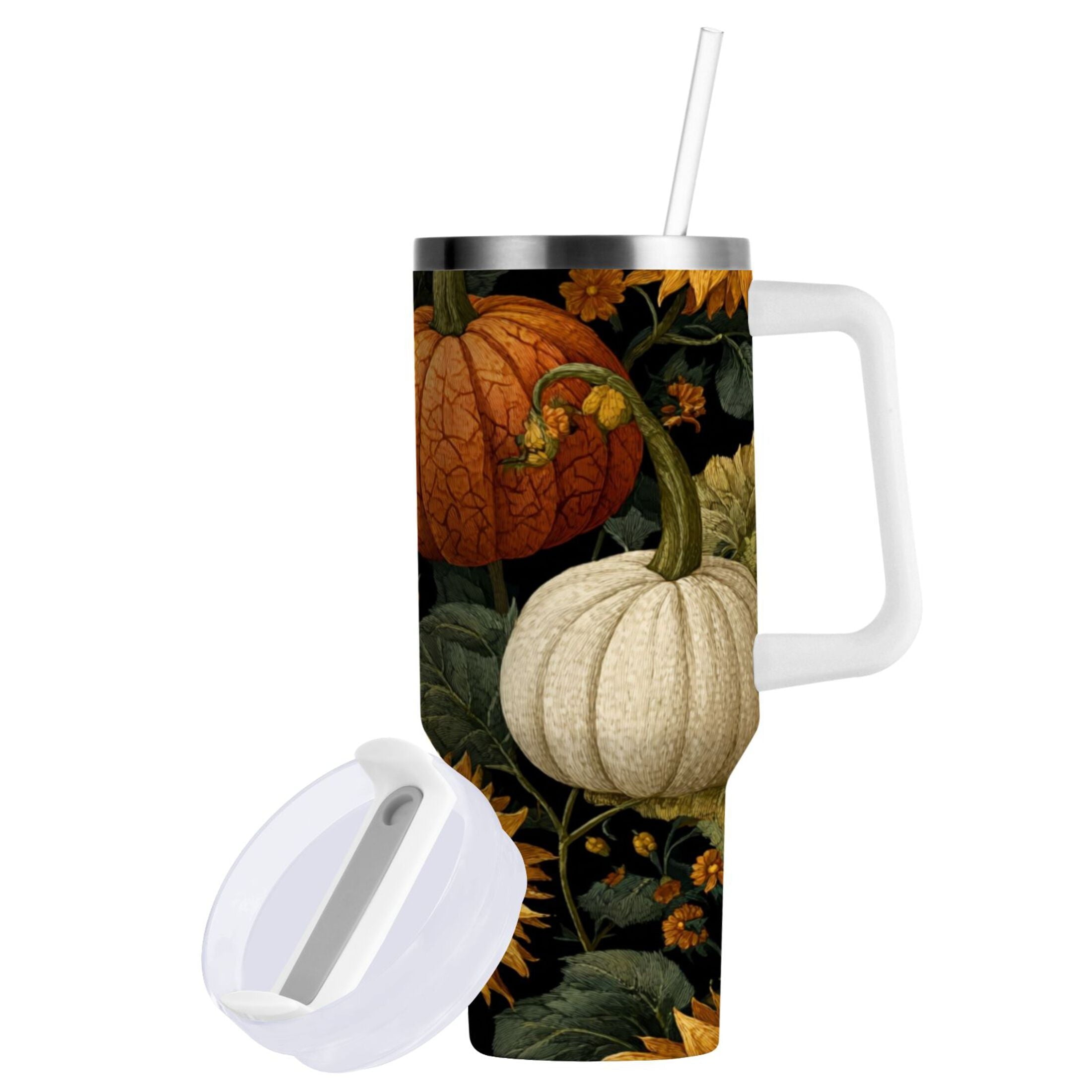 40 oz Insulated Stainless Steel Tumbler Double Wall Stainless Steel Tumbler with 2-Way Drinking Pumpkins and Sunflowers Pattern