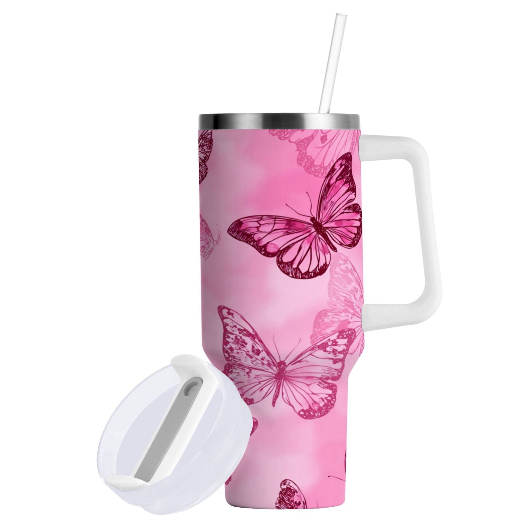 40 oz Insulated Stainless Steel Tumbler Double Wall Stainless Steel Tumbler with 2-Way Drinking Pink Butterfly Pattern