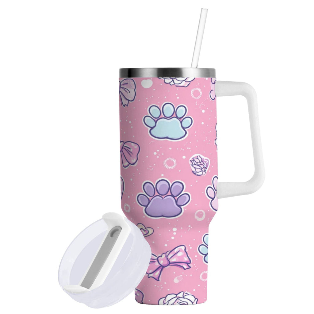 30 oz Insulated Stainless Steel Tumbler Double Wall Stainless Steel Tumbler with 2-Way Drinking Dog Paw Prints and Bows