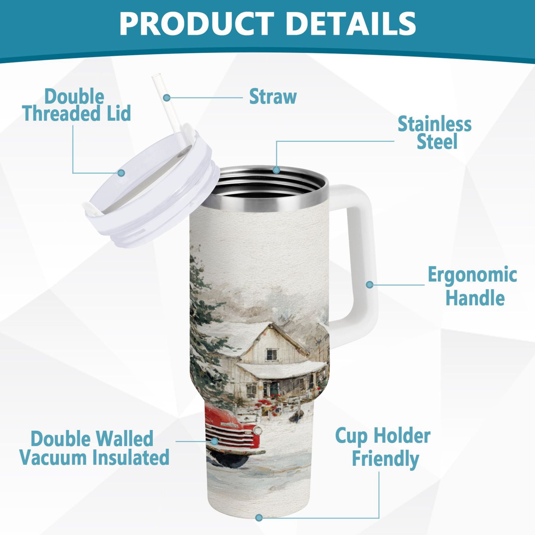 30 oz Insulated Stainless Steel Tumbler Double Wall Stainless Steel Tumbler with 2-Way Drinking Truck with Christmas Decorations