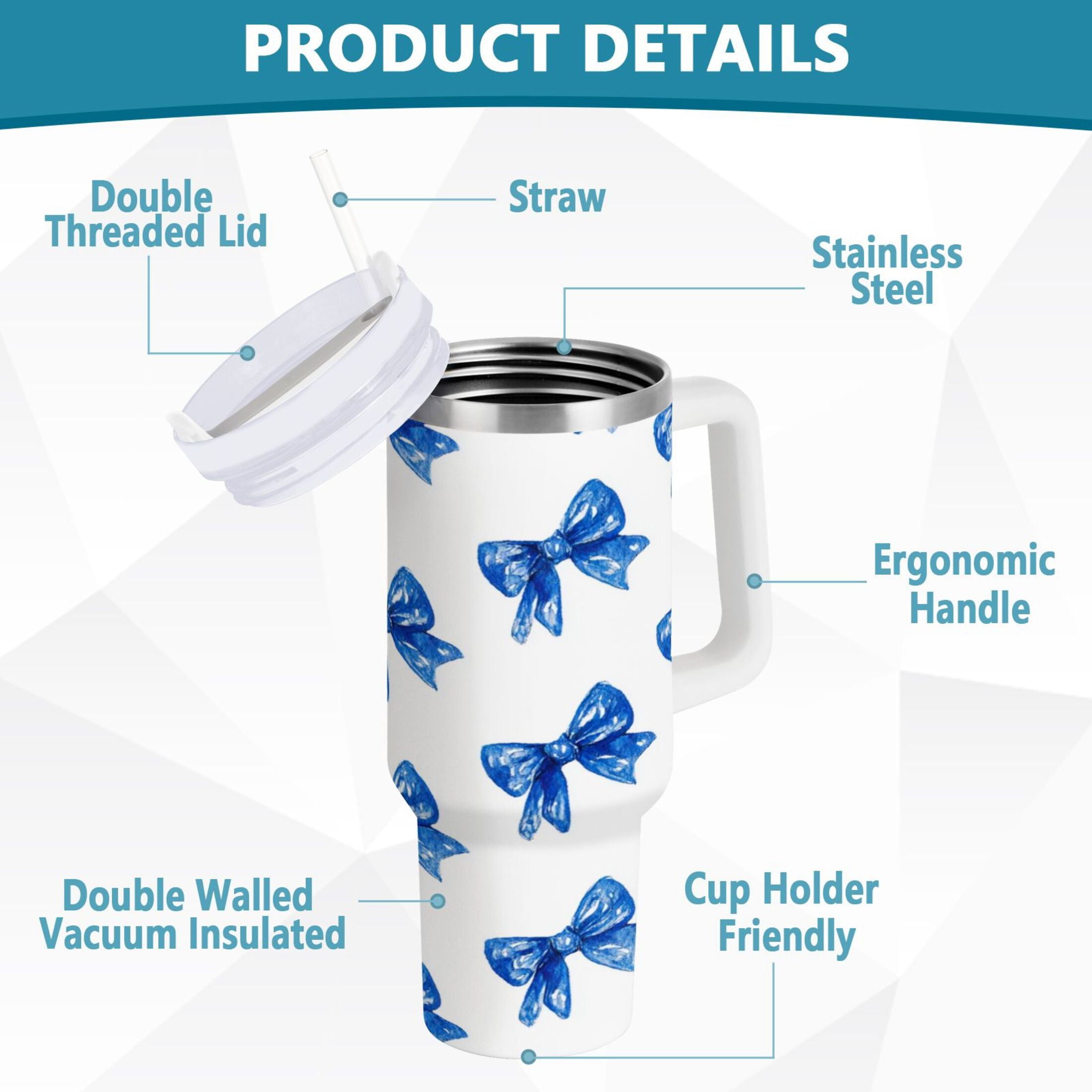 30 oz Insulated Stainless Steel Tumbler Double Wall Stainless Steel Tumbler with 2-Way Drinking Blue Bows Pattern