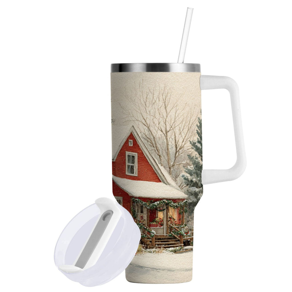 40 oz Insulated Stainless Steel Tumbler Double Wall Stainless Steel Tumbler with 2-Way Drinking House with Snow-covered Roof