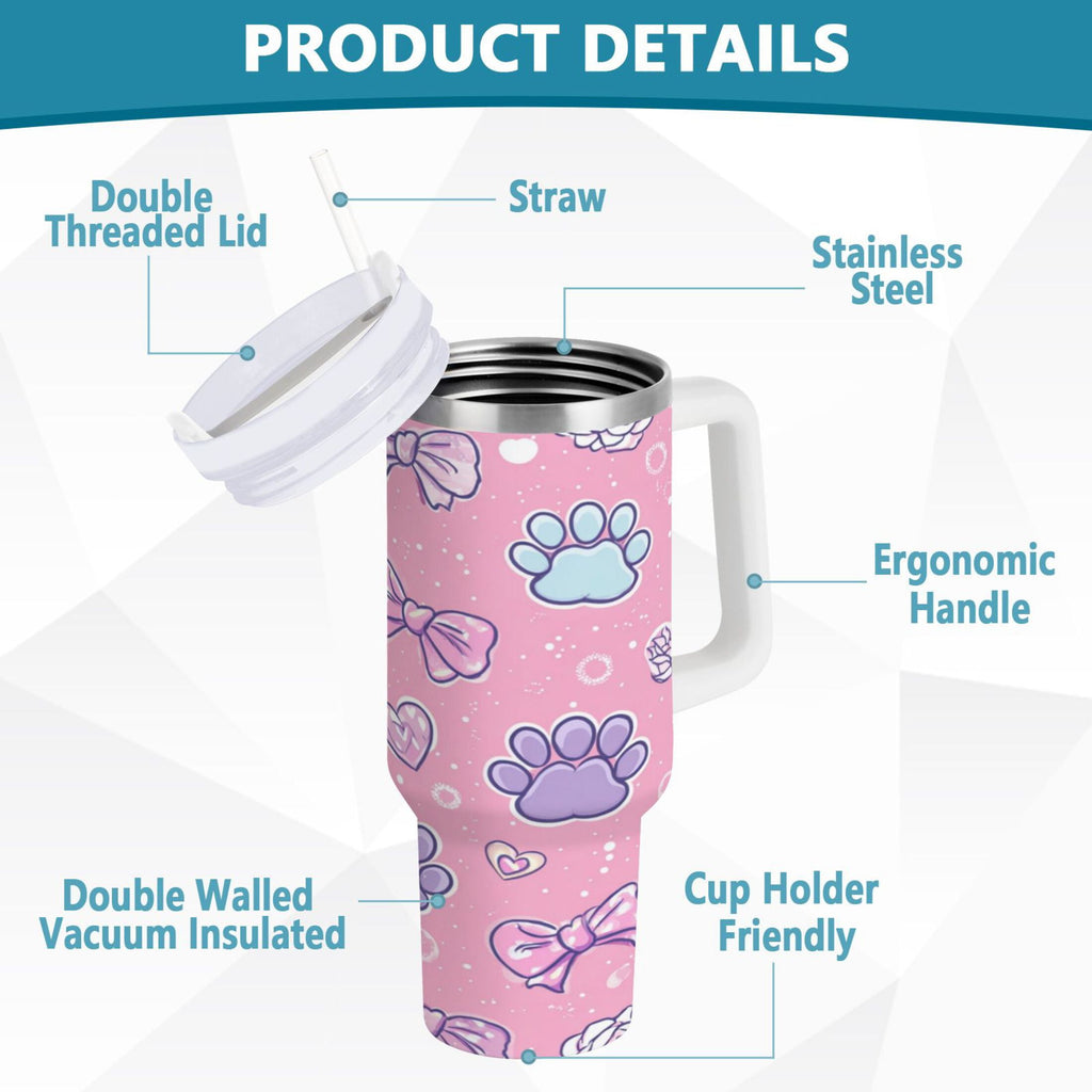 30 oz Insulated Stainless Steel Tumbler Double Wall Stainless Steel Tumbler with 2-Way Drinking Dog Paw Prints and Bows