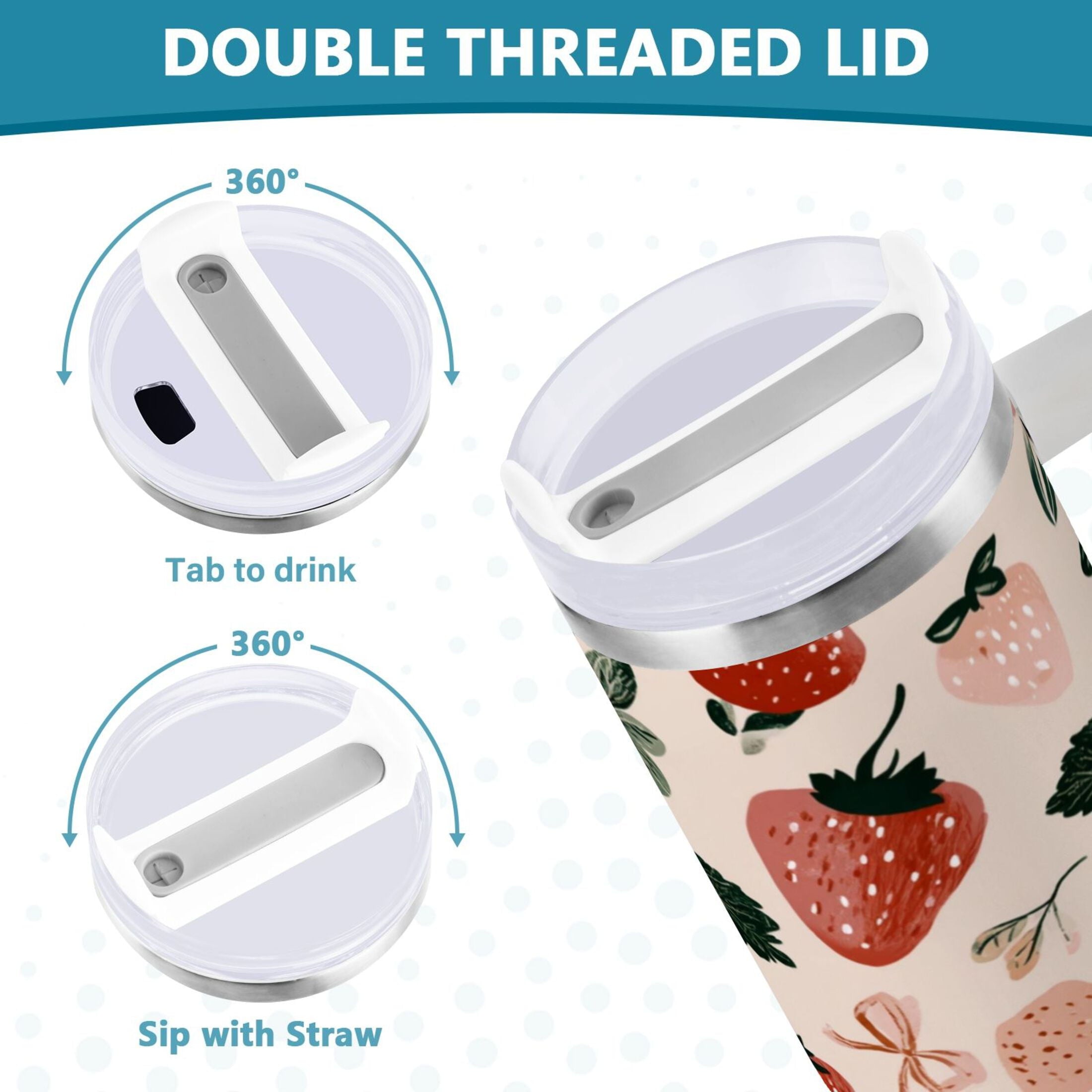 30 oz Insulated Stainless Steel Tumbler Double Wall Stainless Steel Tumbler with 2-Way Drinking Cute Pinks Strawberries