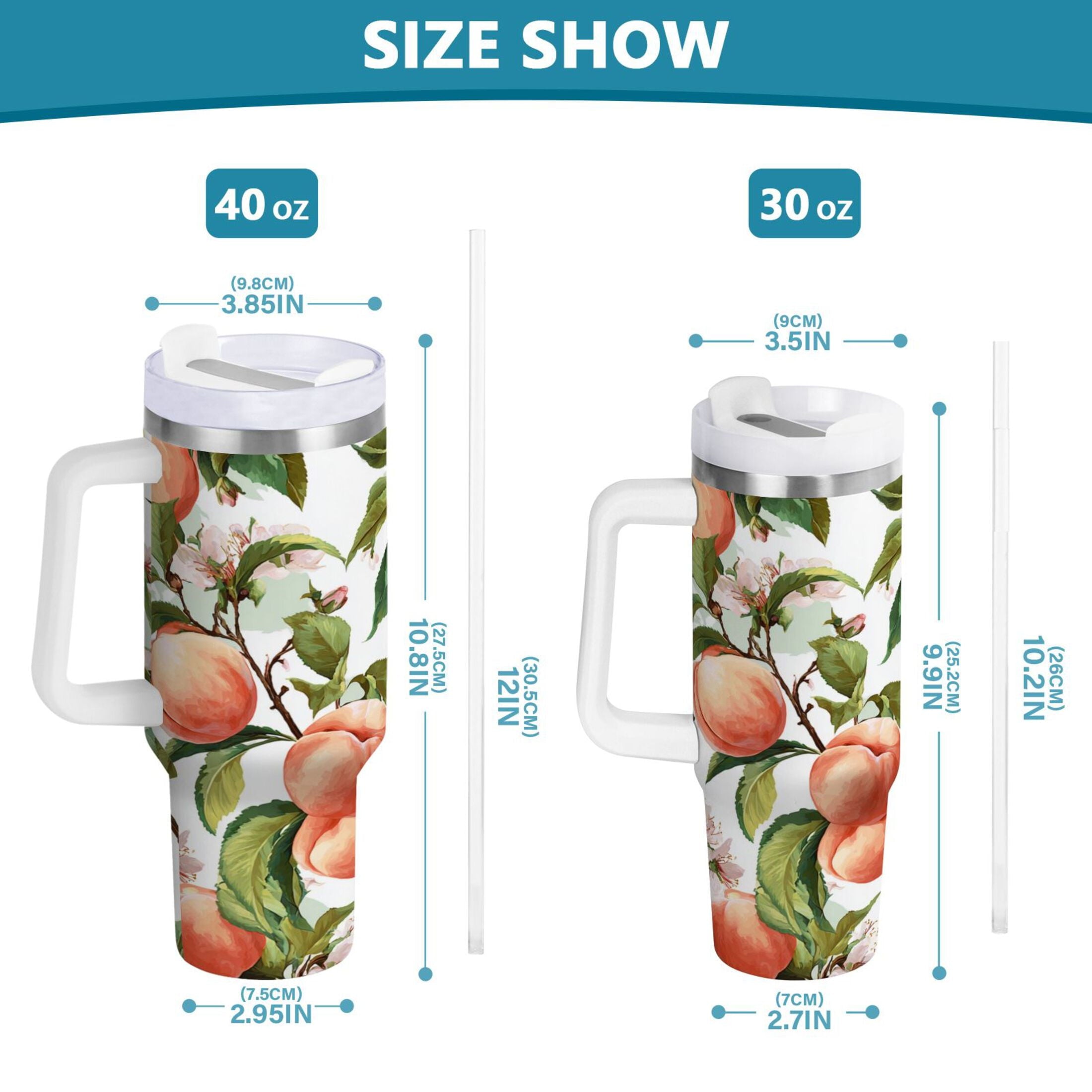 30 oz Insulated Stainless Steel Tumbler Double Wall Stainless Steel Tumbler with 2-Way Drinking Peach Fruit Pattern