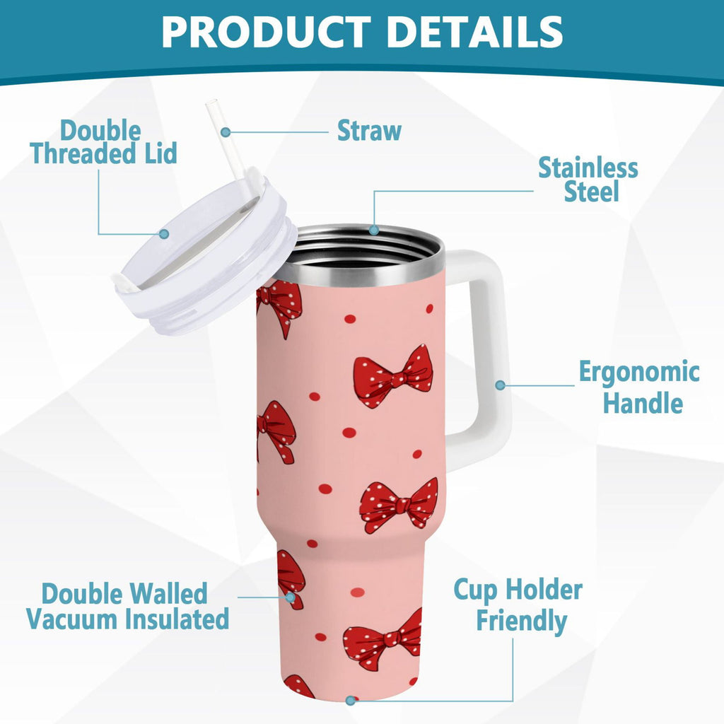 40 oz Insulated Stainless Steel Tumbler Double Wall Stainless Steel Tumbler with 2-Way Drinking Red Bows and Polka Dots