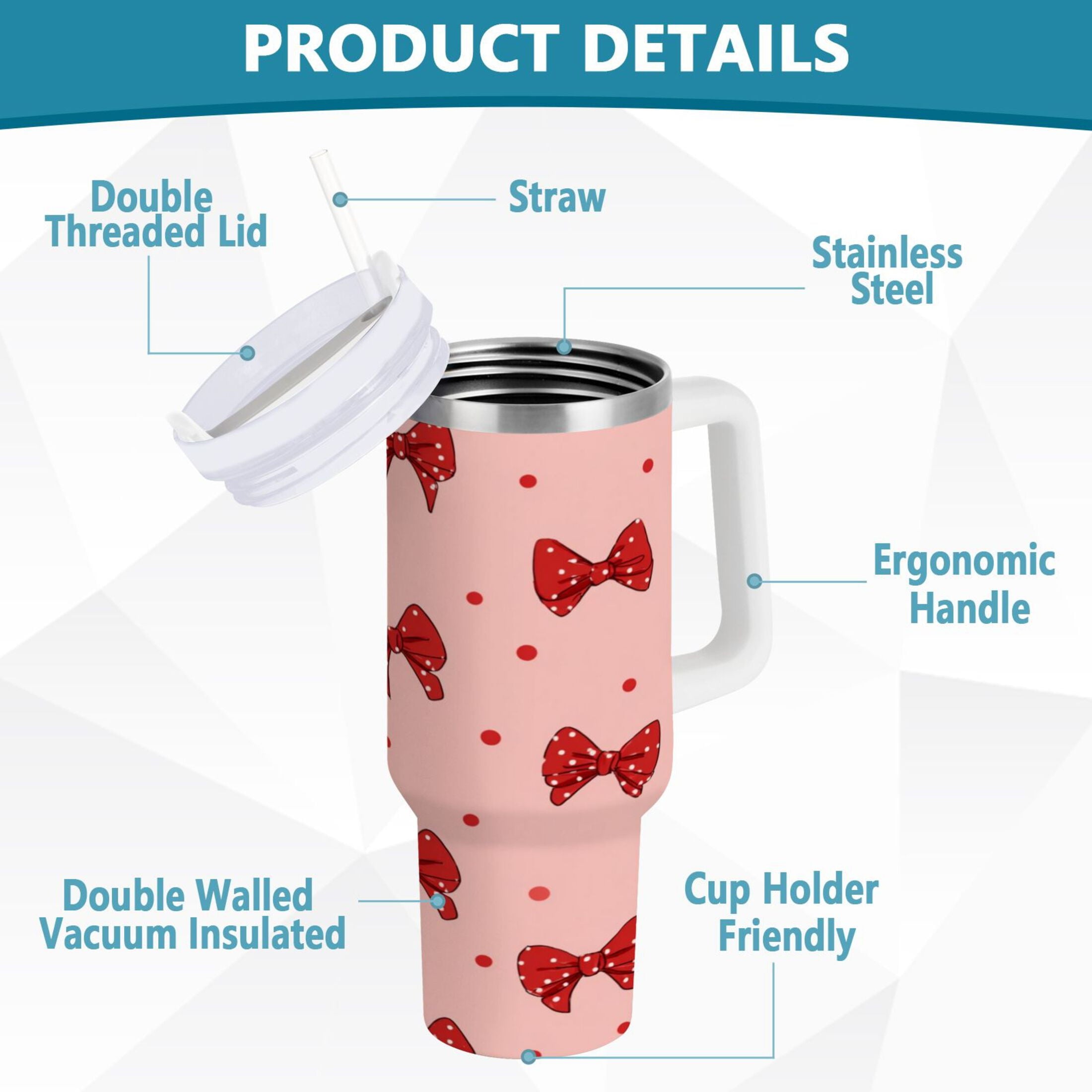 40 oz Insulated Stainless Steel Tumbler Double Wall Stainless Steel Tumbler with 2-Way Drinking Red Bows and Polka Dots