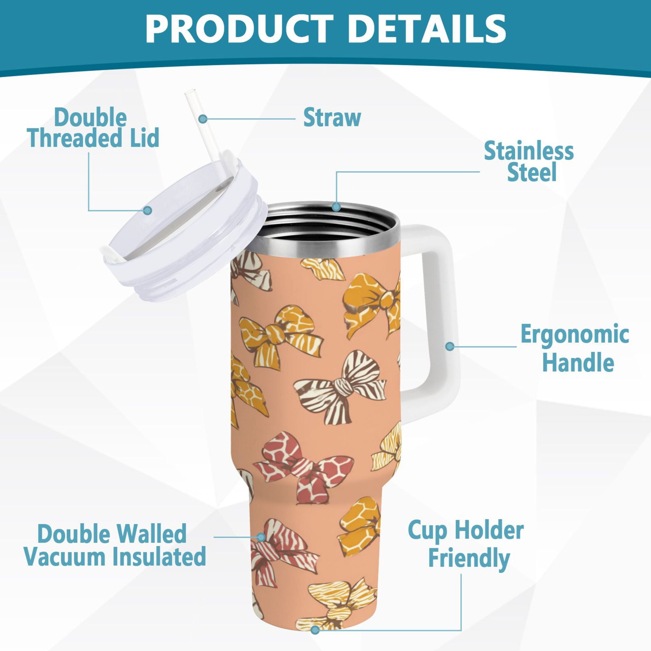 40 oz Insulated Stainless Steel Tumbler Double Wall Stainless Steel Tumbler with 2-Way Drinking Cute Animal Print Bows